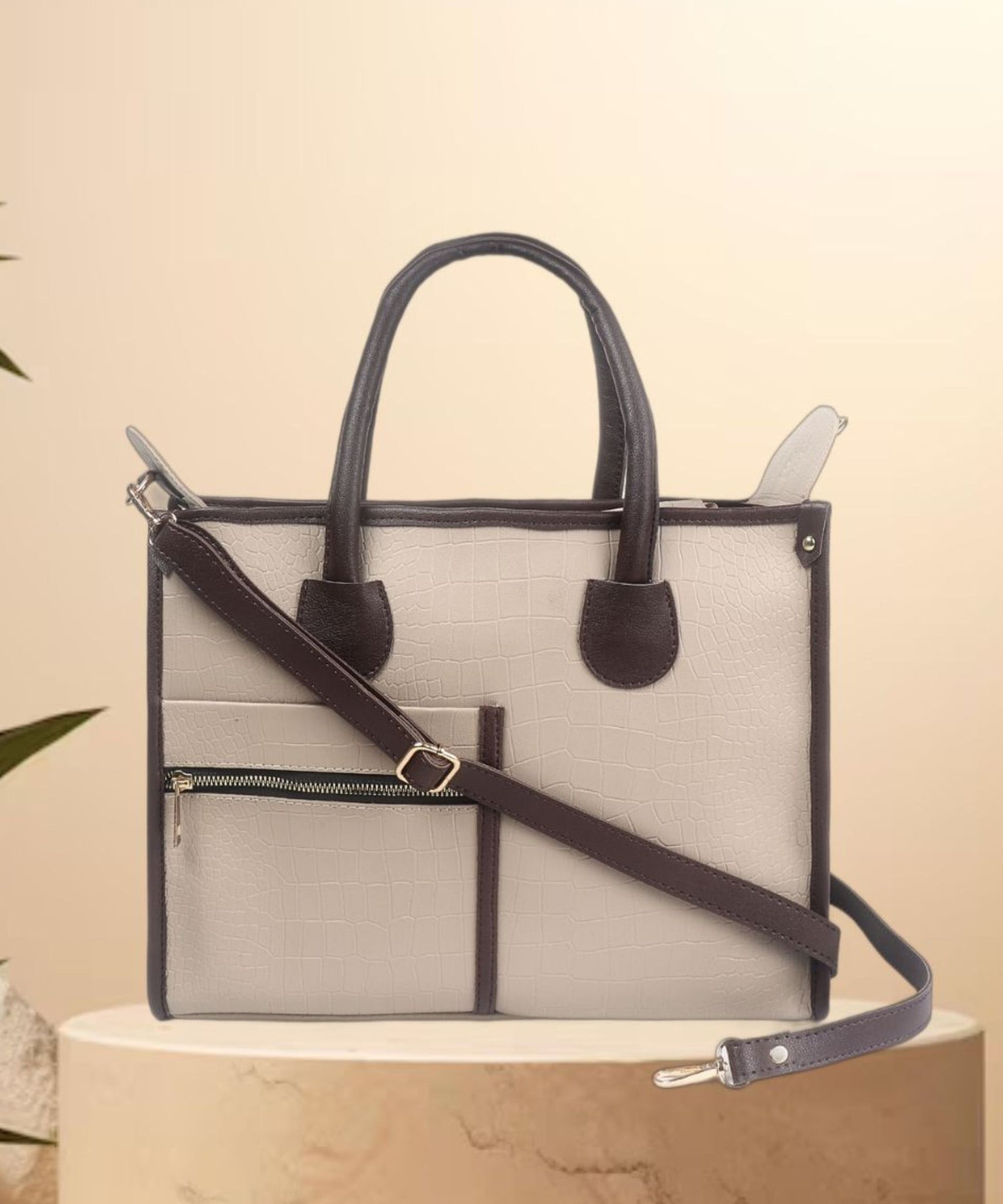 Beige Brown Crocodile Synthetic Leather Handbag For Women