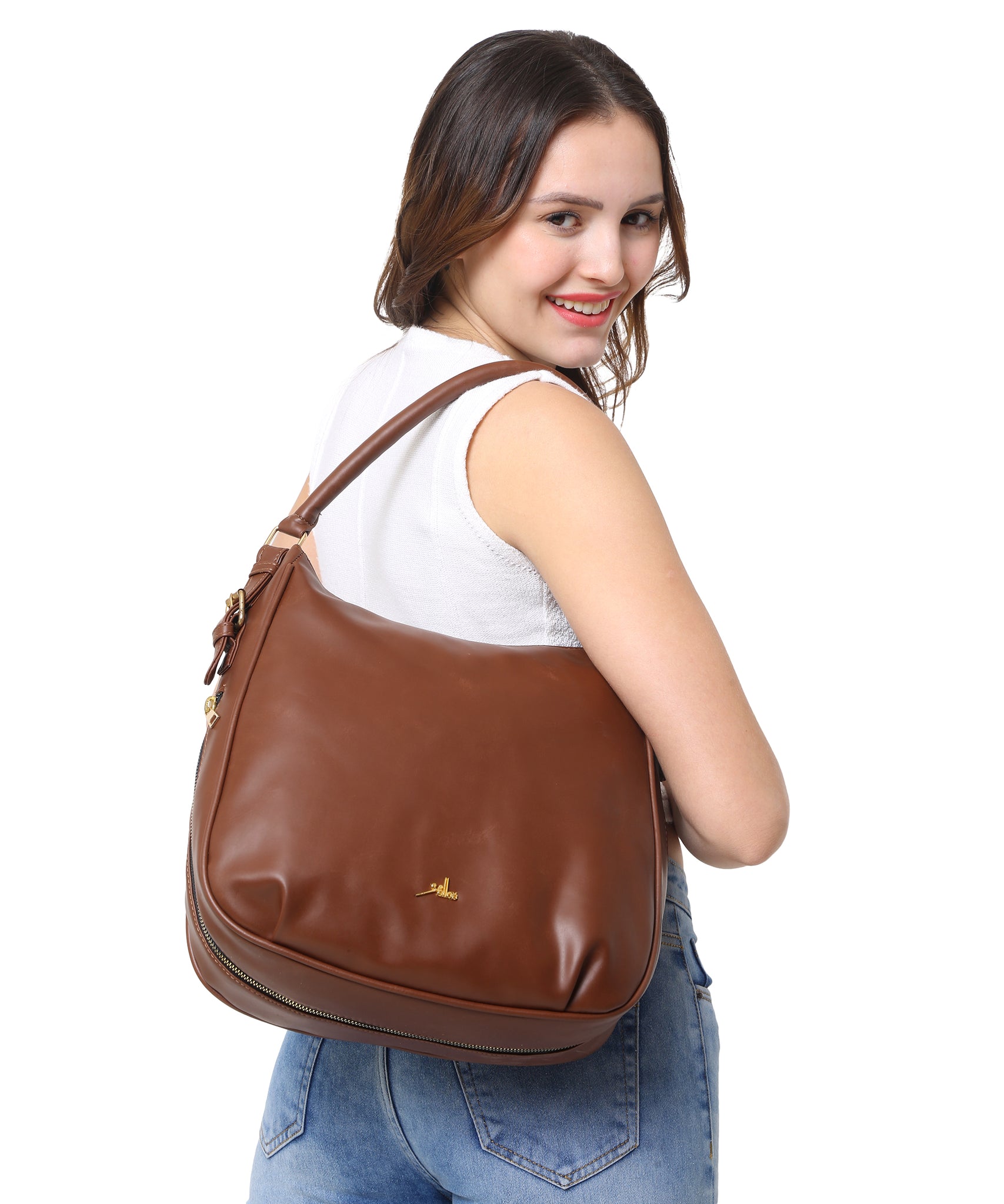 Women Brown Hobo Bag with Expandable Bottom