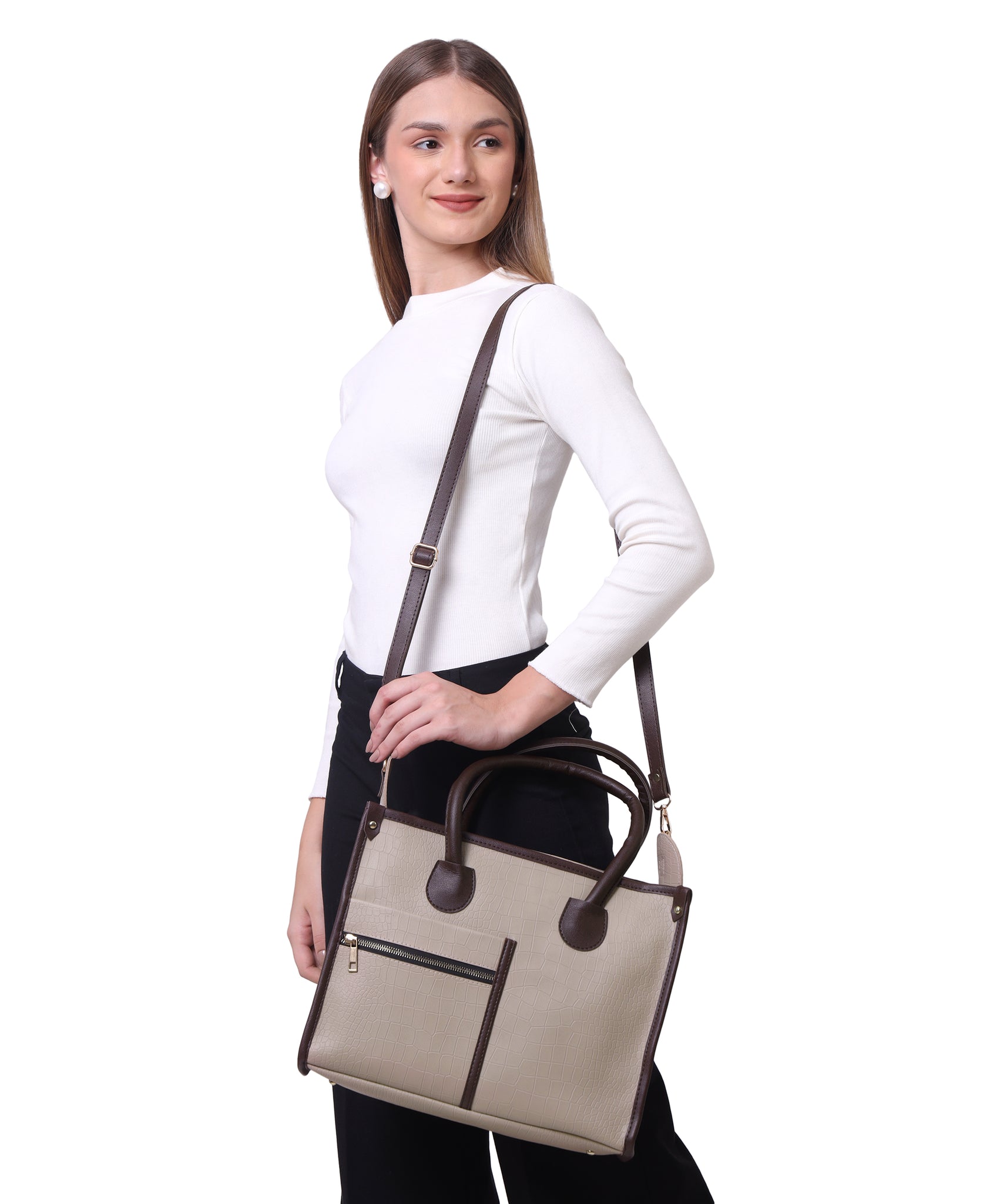 Beige Brown Crocodile Synthetic Leather Handbag For Women