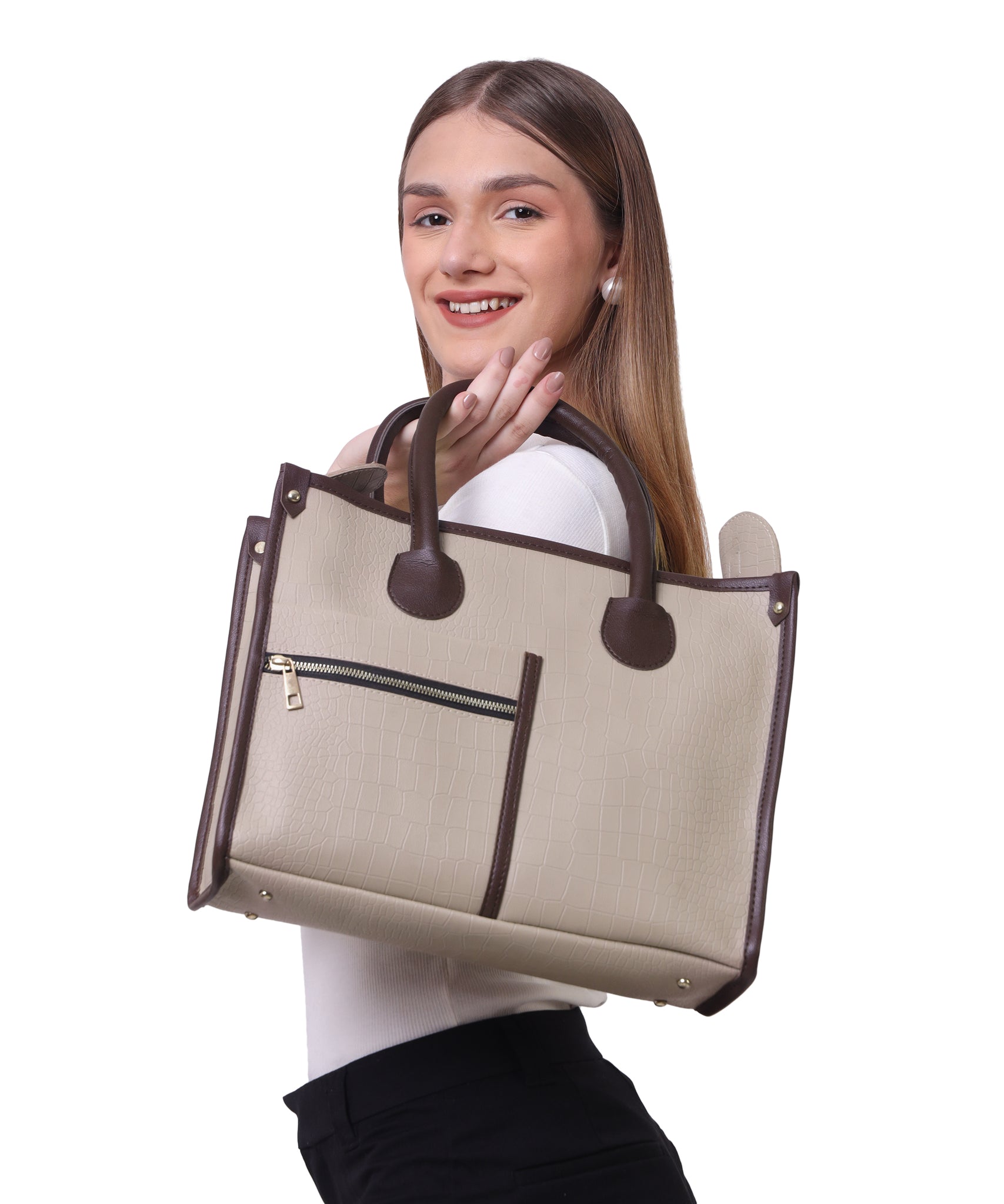 Beige Brown Crocodile Synthetic Leather Handbag For Women