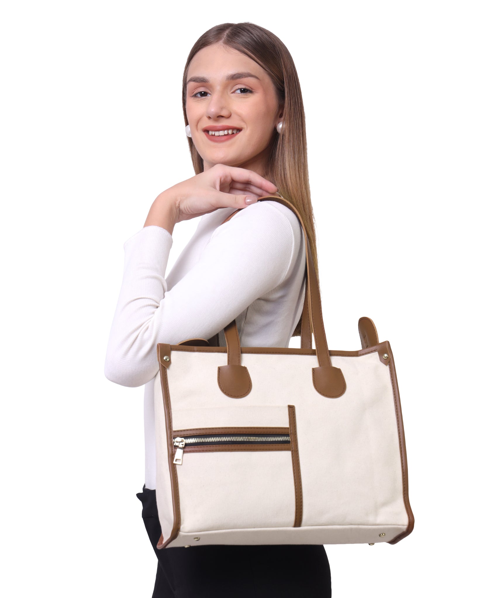 Off White-Tan Canvas Handbag For Women