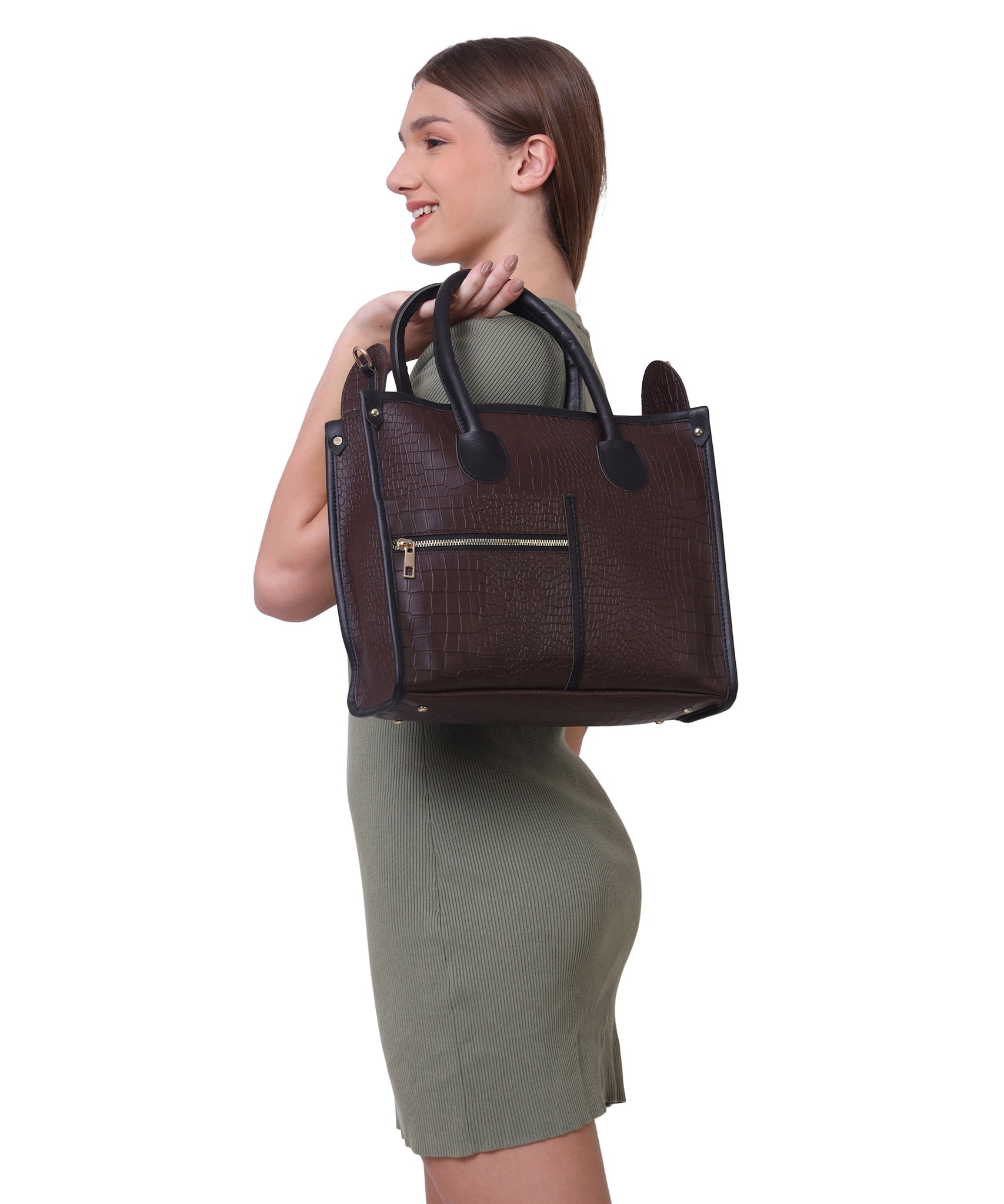 Brown Crocodile Synthetic Leather Handbag For Women