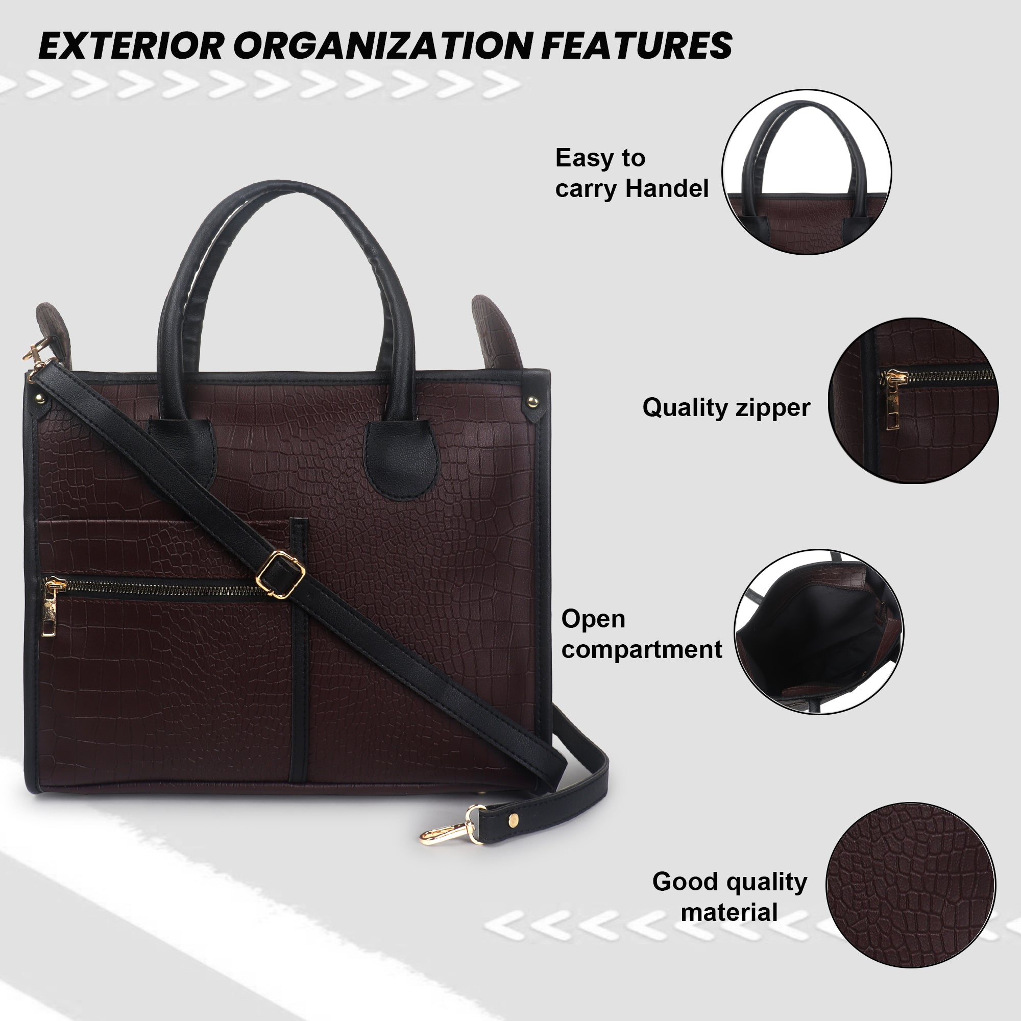 Brown Crocodile Synthetic Leather Handbag For Women