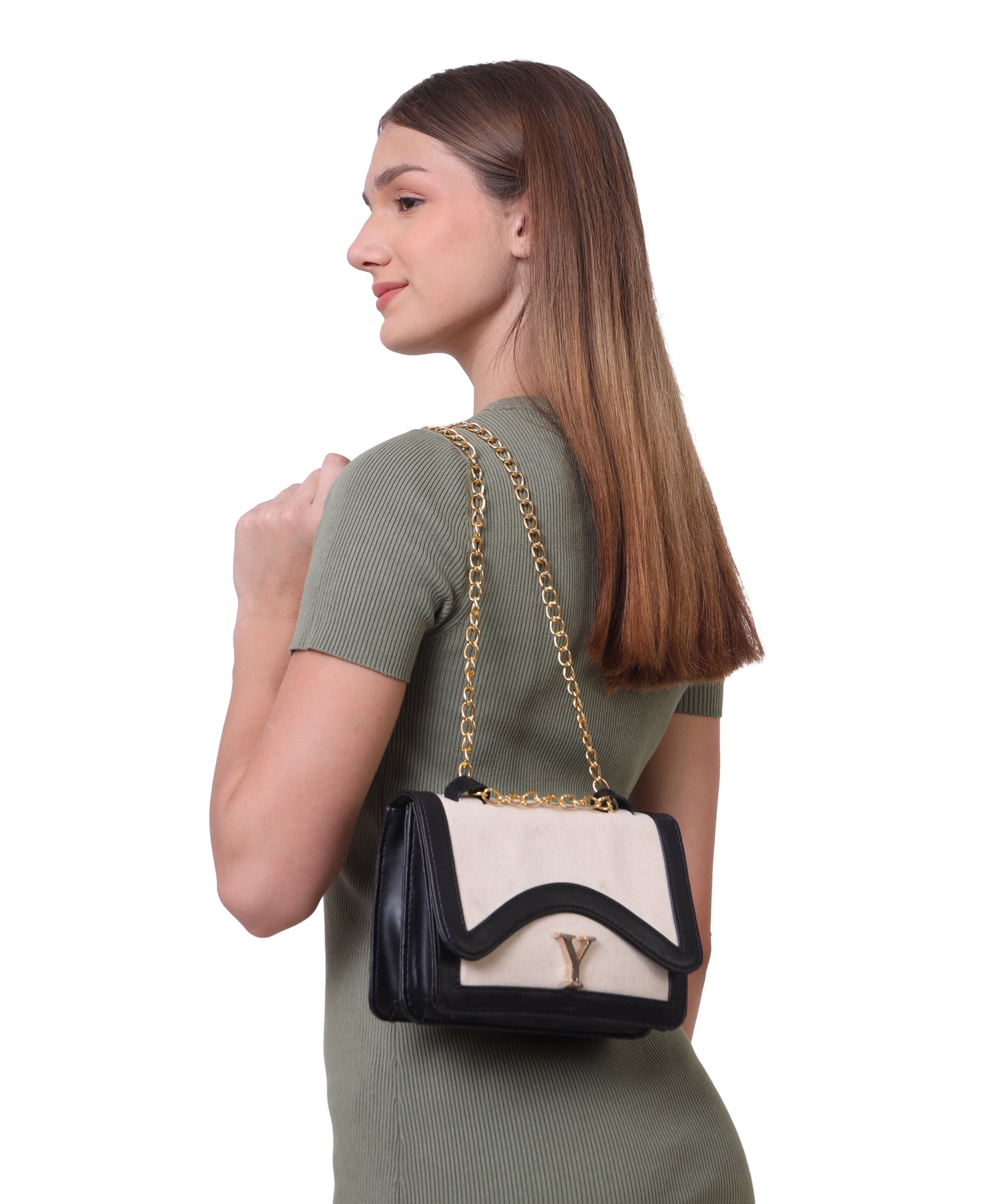 Off White-Black Canvas Sling Bag For Women