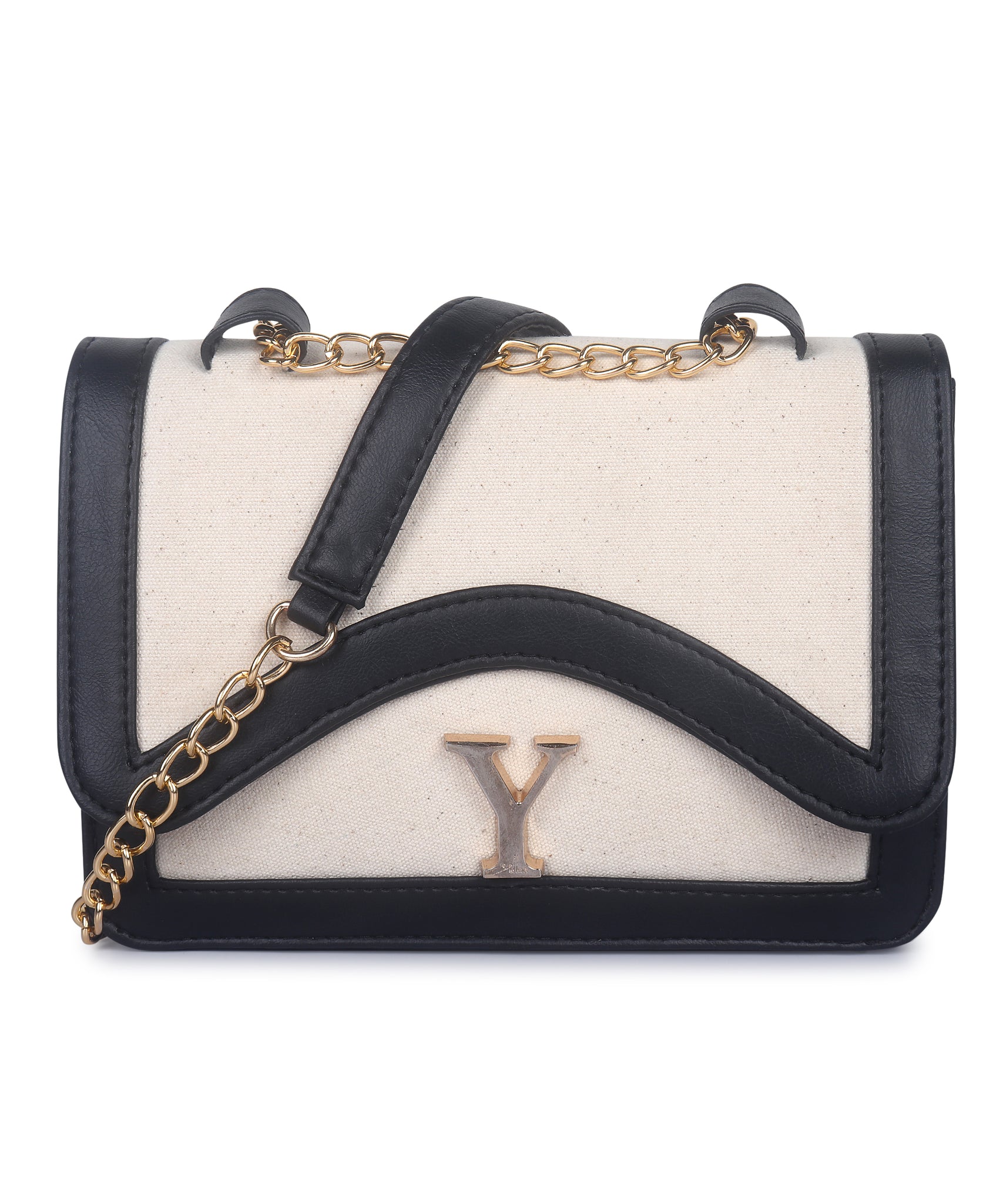 Off White-Black Canvas Sling Bag For Women