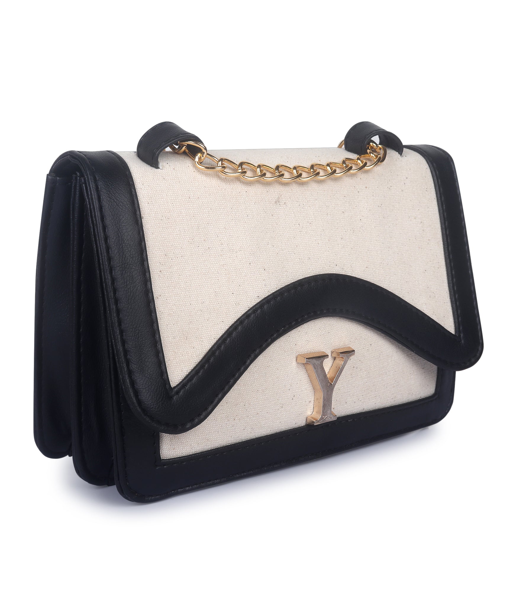 Off White-Black Canvas Sling Bag For Women