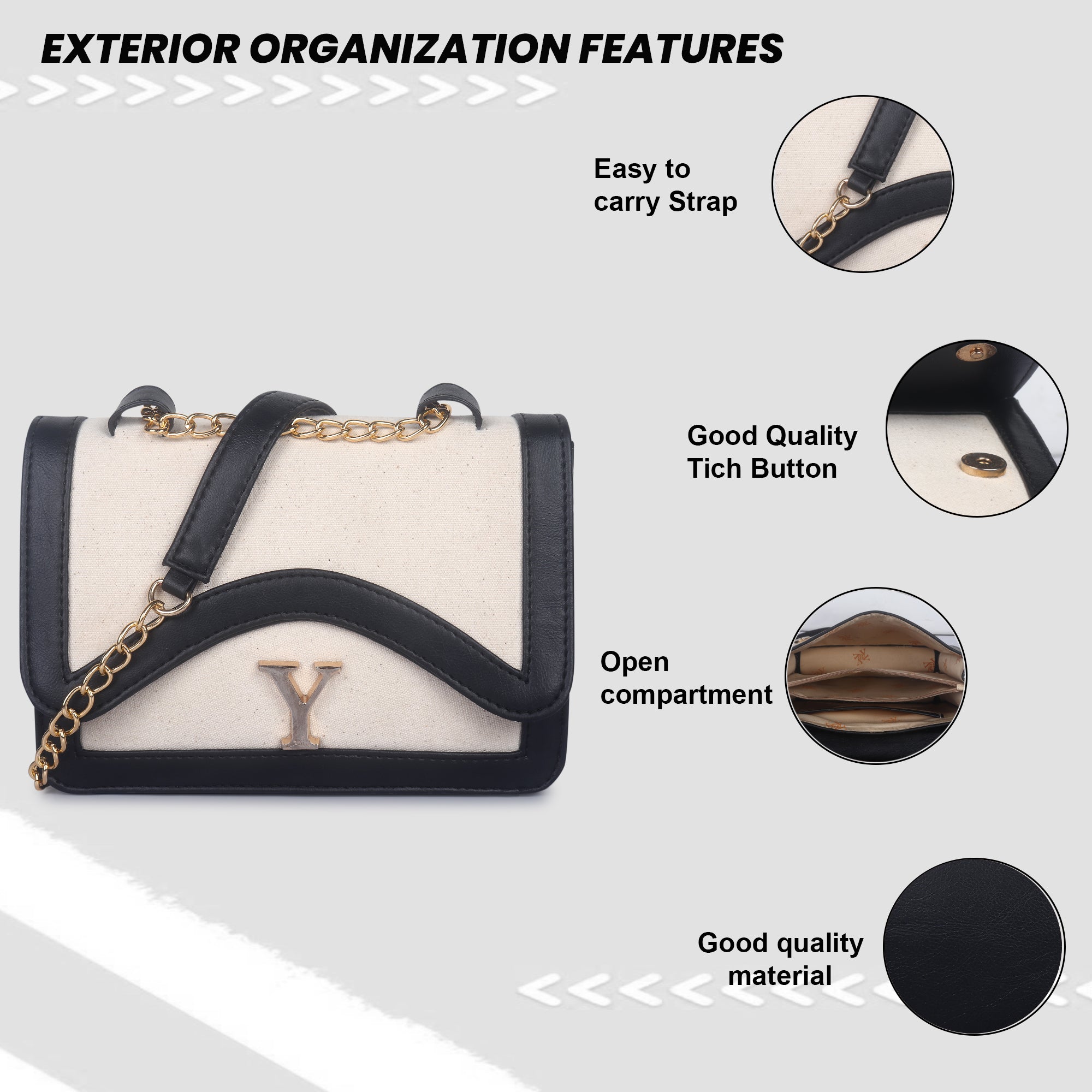 Off White-Black Canvas Sling Bag For Women