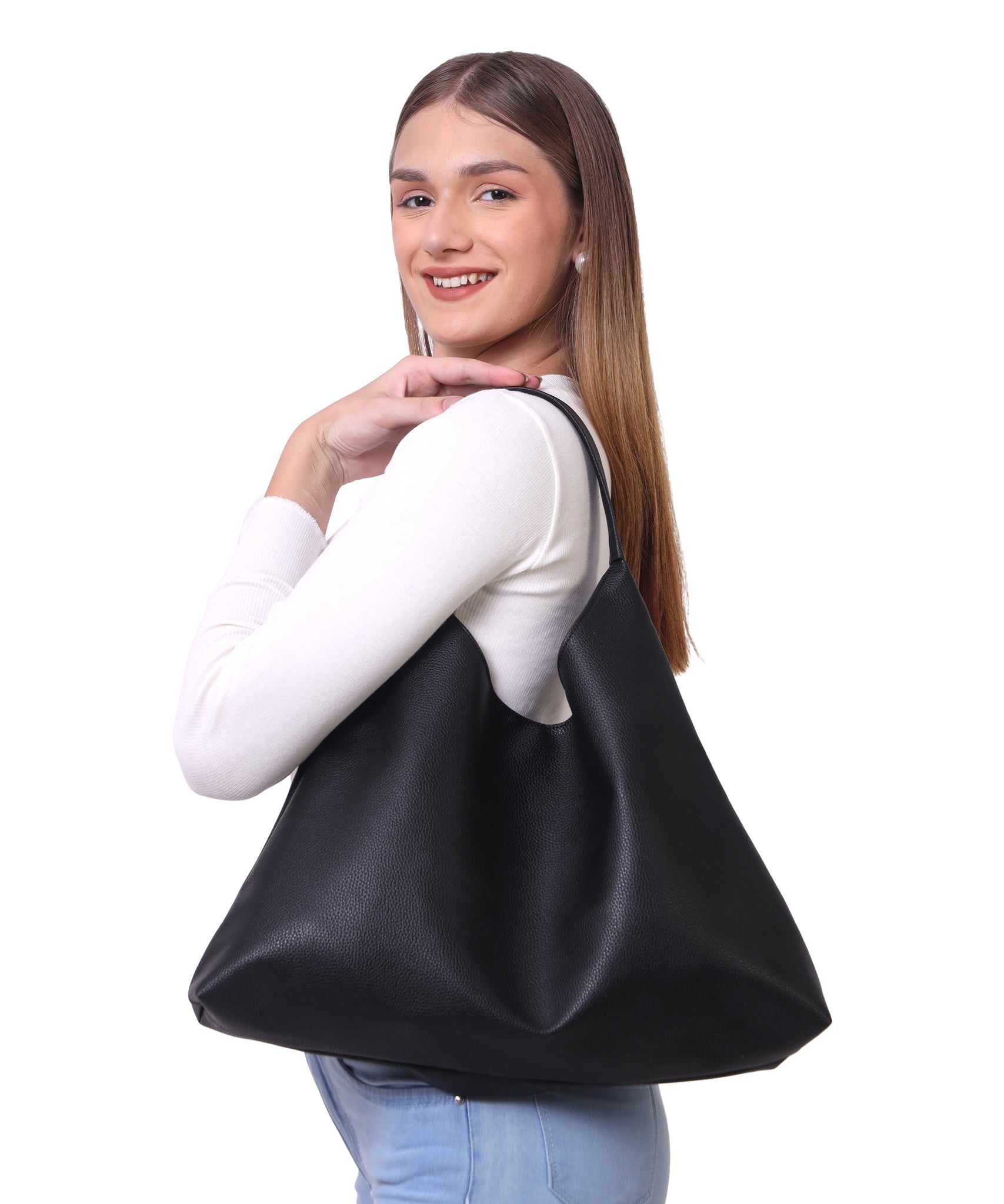 Black Synthetic Leather Handbag Bag With Hanging Pouch For Women
