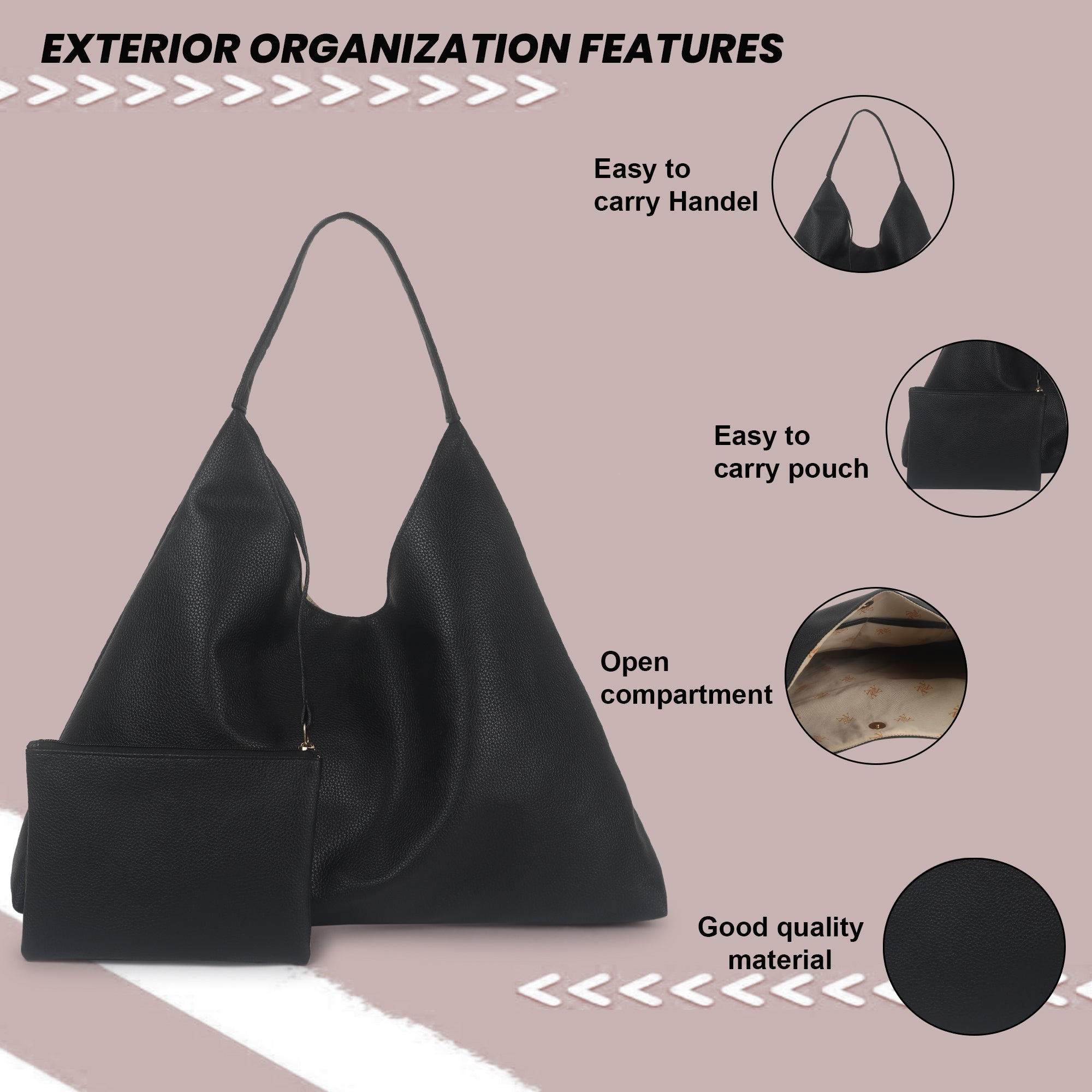 Black Synthetic Leather Handbag Bag With Hanging Pouch For Women