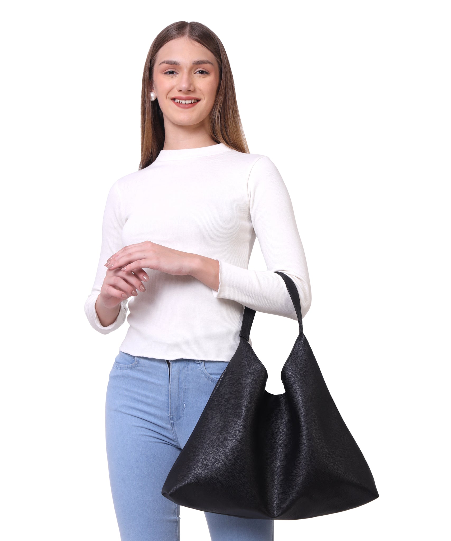 Black Synthetic Leather Handbag Bag With Hanging Pouch For Women