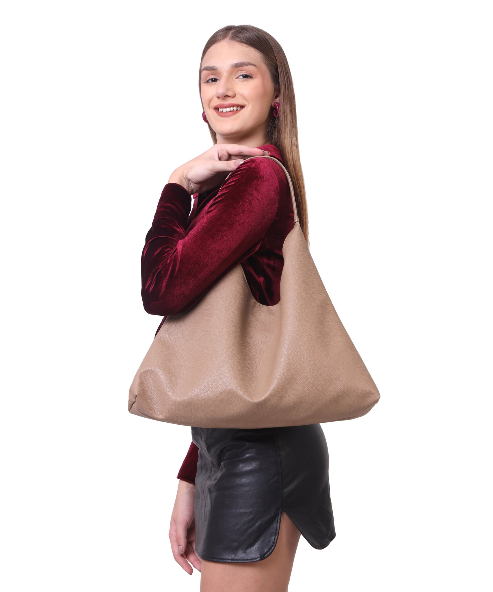 Camel Synthetic Leather Handbag Bag With Hanging Pouch For Women