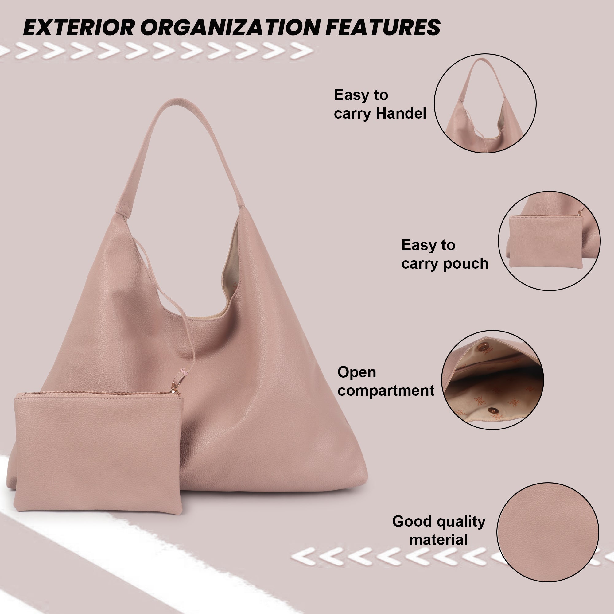 Dusty Pink Synthetic Leather Handbag Bag With Hanging Pouch For Women
