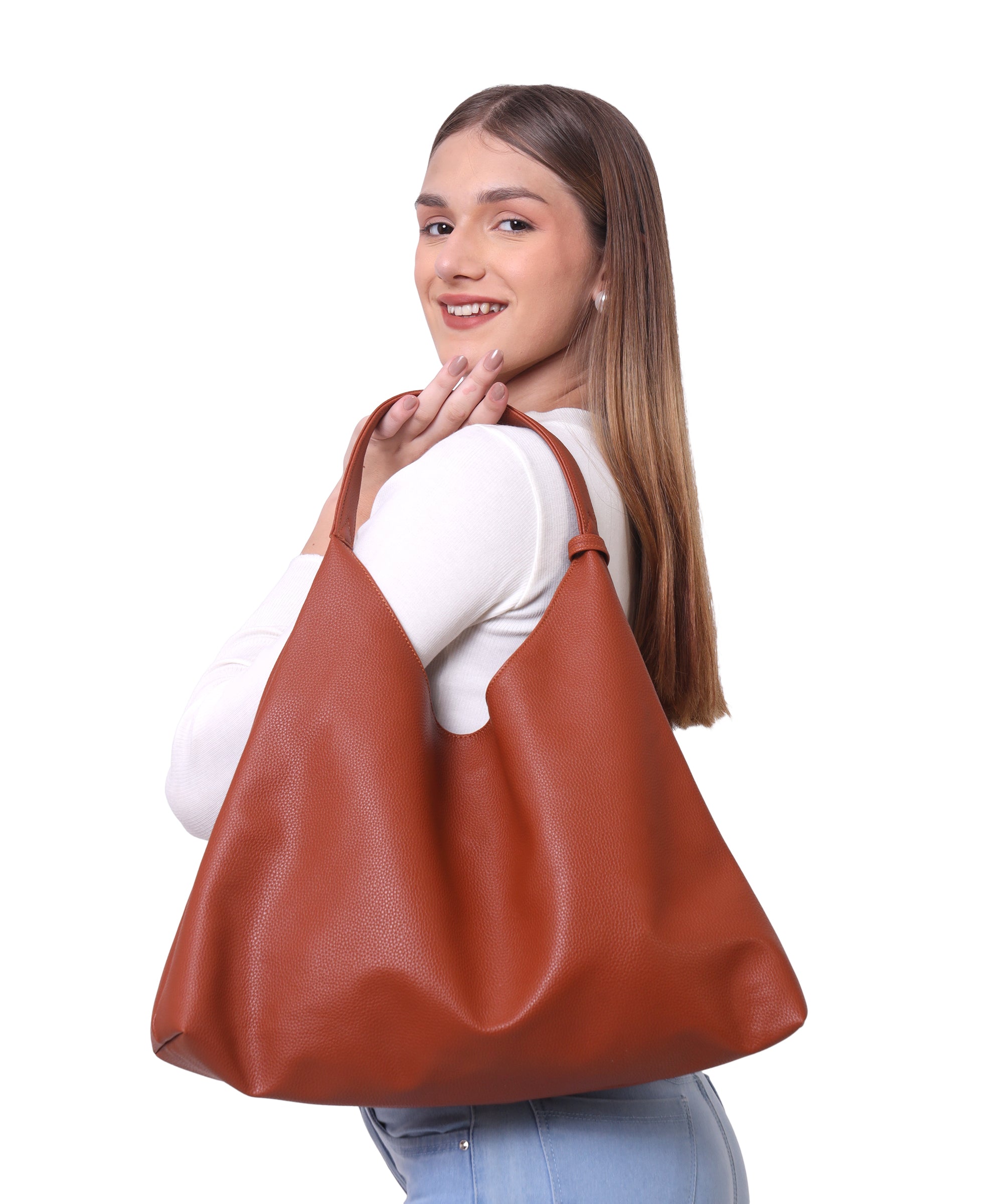 Tan Synthetic Leather Handbag Bag With Hanging Pouch For Women