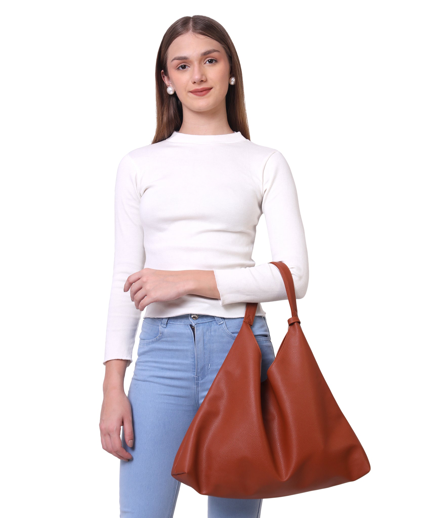 Tan Synthetic Leather Handbag Bag With Hanging Pouch For Women