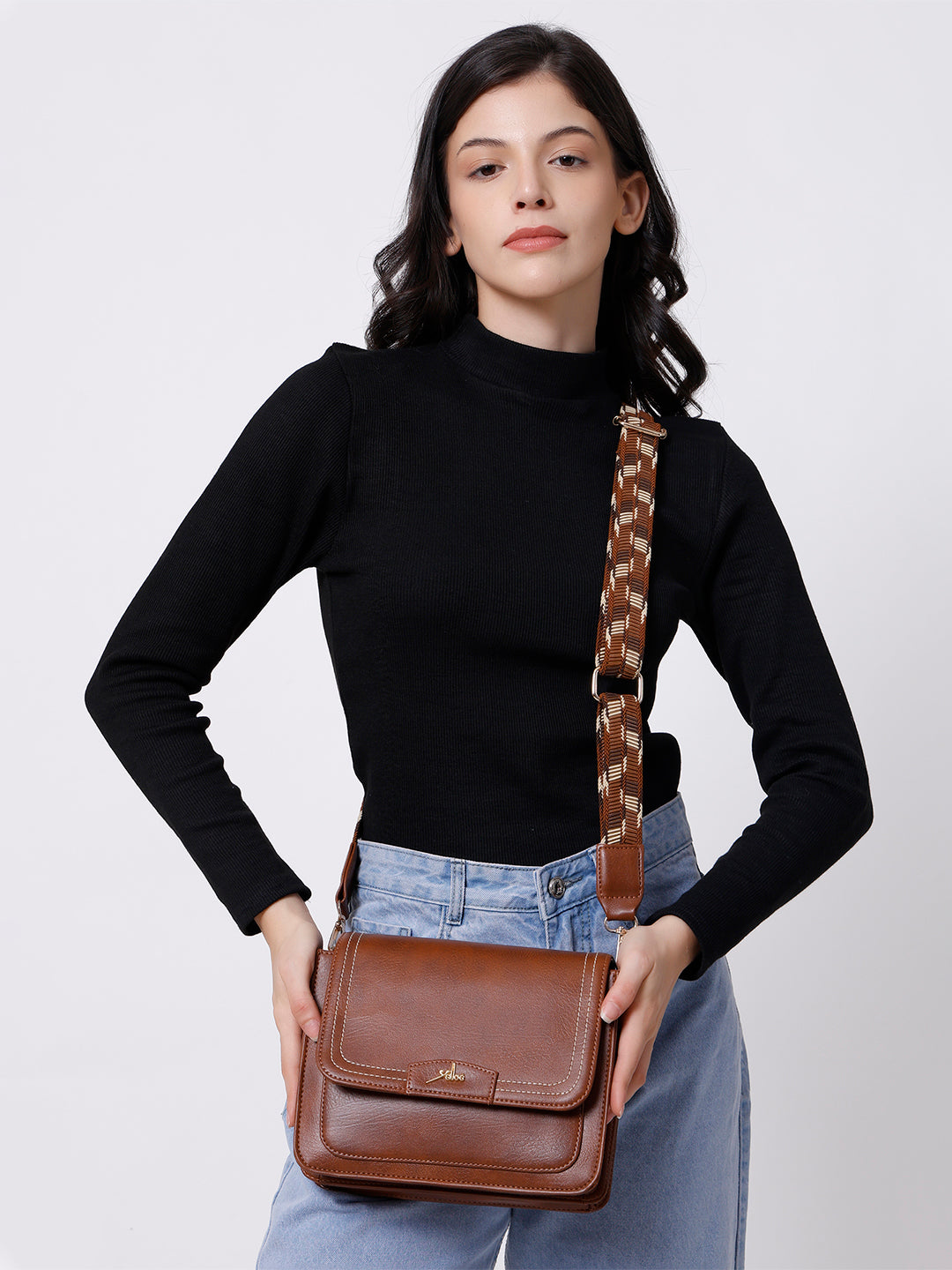 Tan Multicompartment Sling Bag For Women