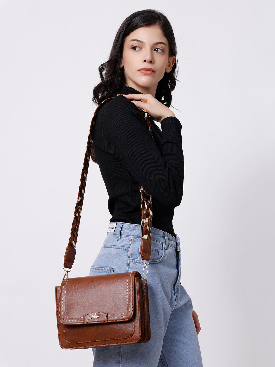 Tan Multicompartment Sling Bag For Women