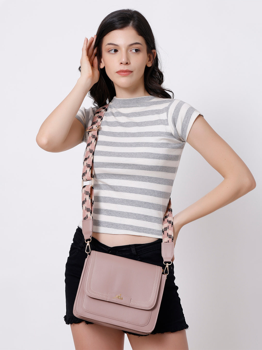 Dusty Pink Multicompartment Sling Bag For Women