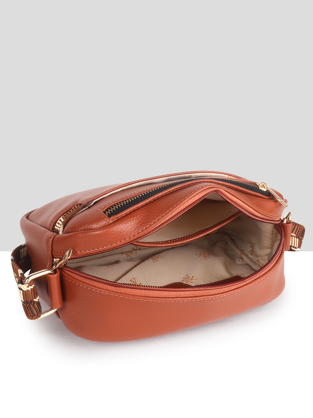 Tan Multicompartment Sling Bag For Women