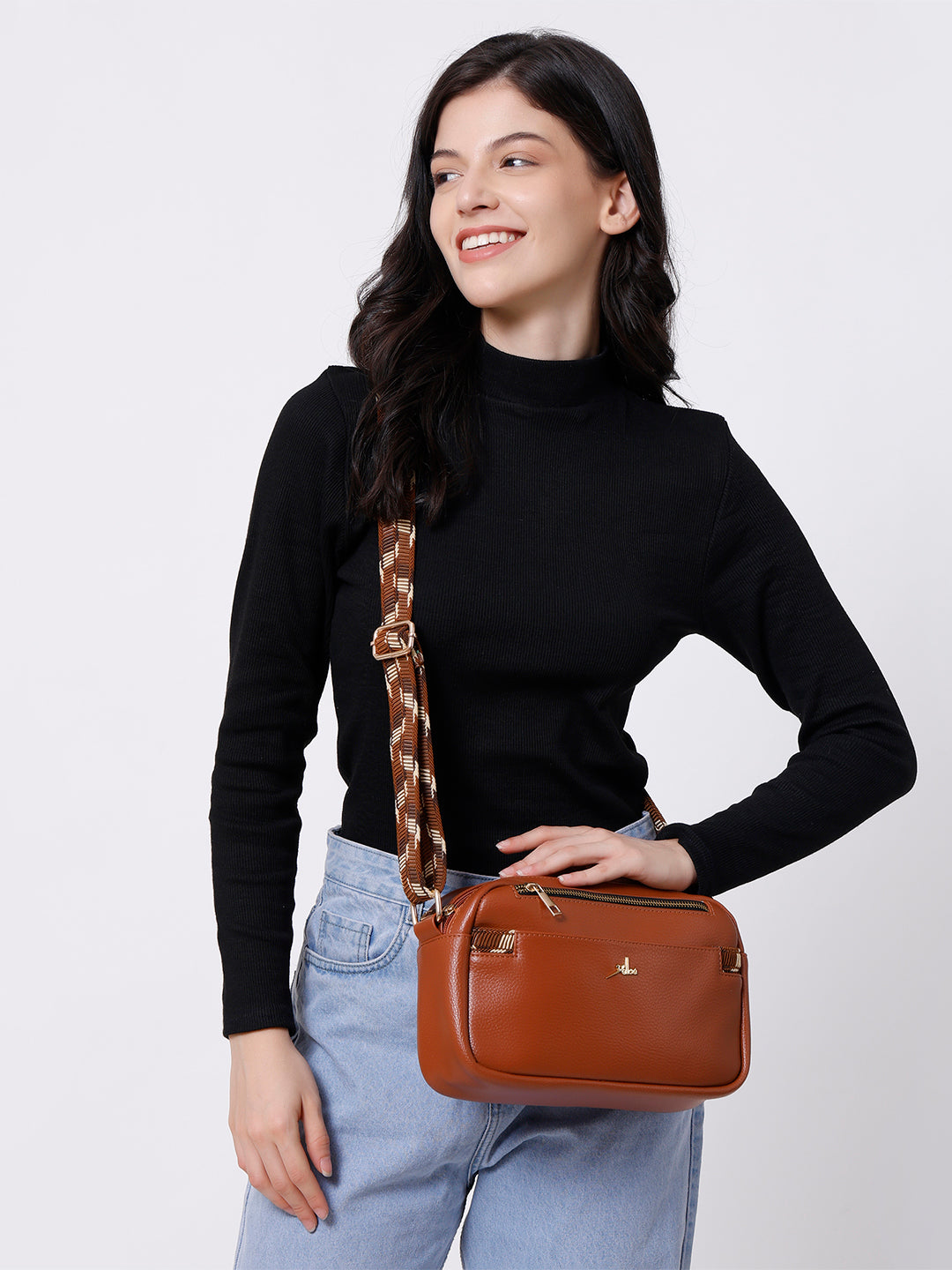 Tan Multicompartment Sling Bag For Women