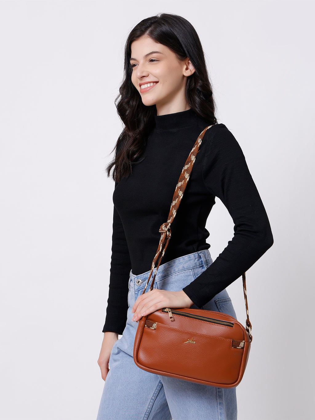 Tan Multicompartment Sling Bag For Women