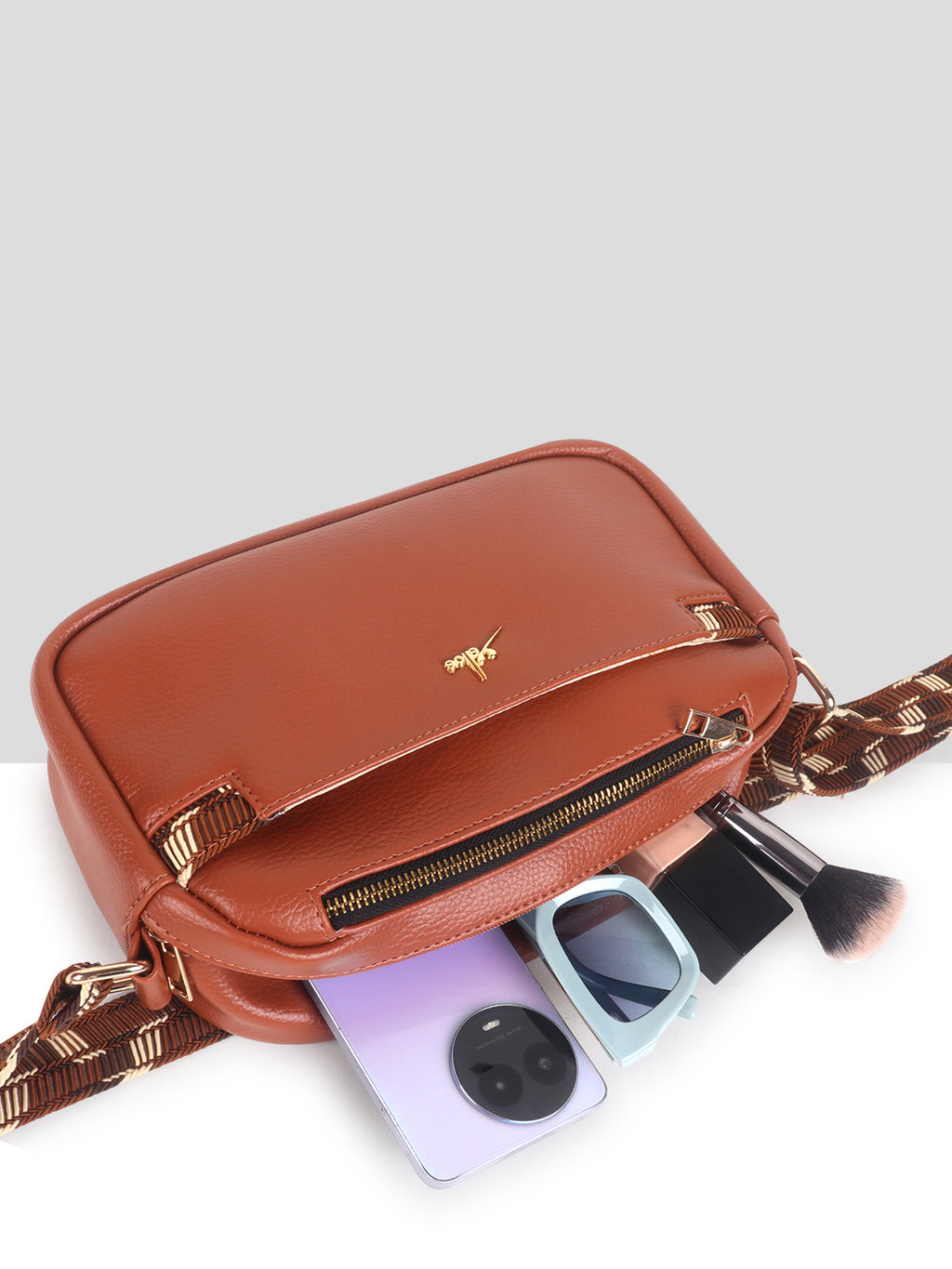 Tan Multicompartment Sling Bag For Women