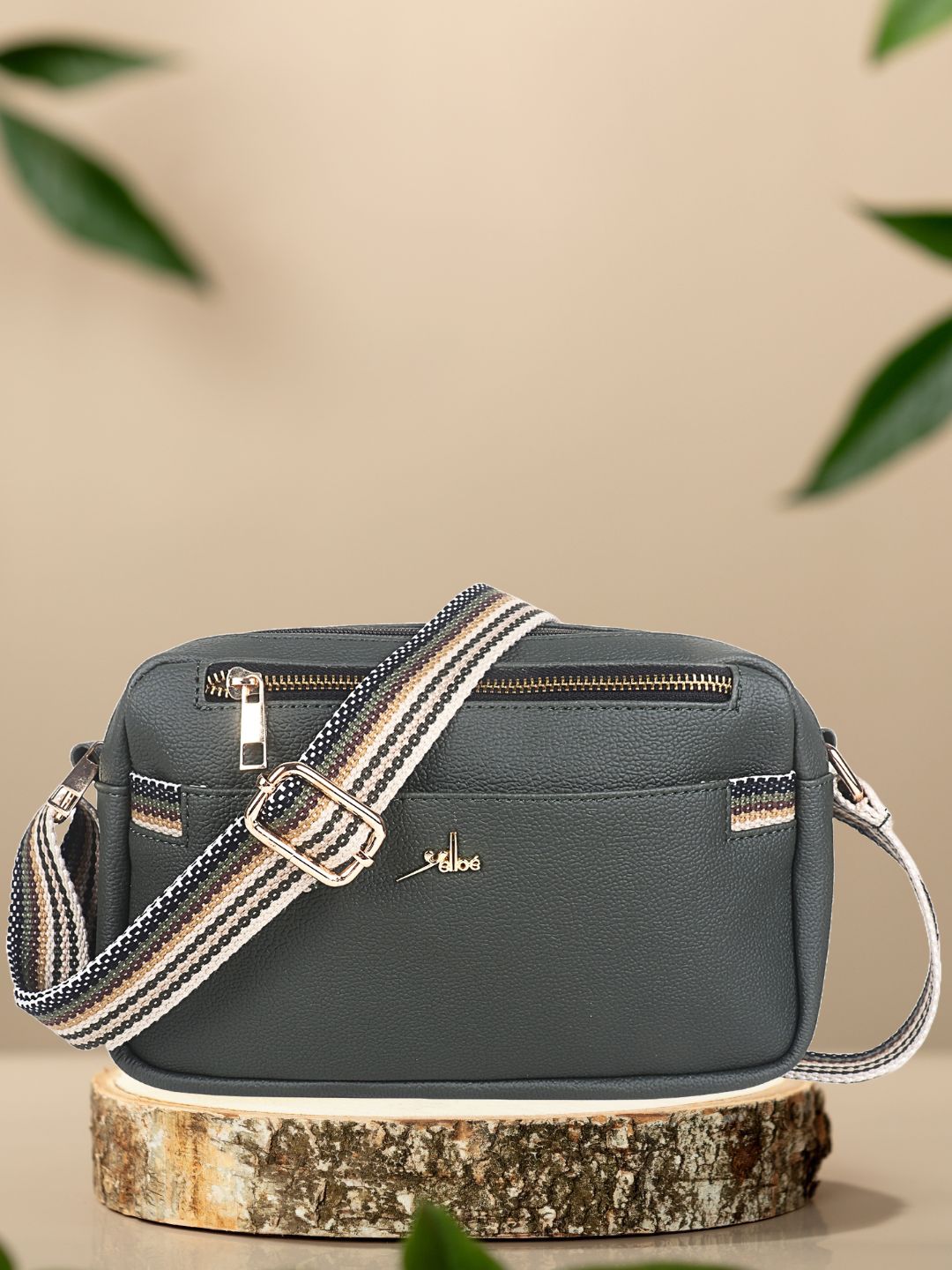 Green Multicompartment Sling Bag For Women
