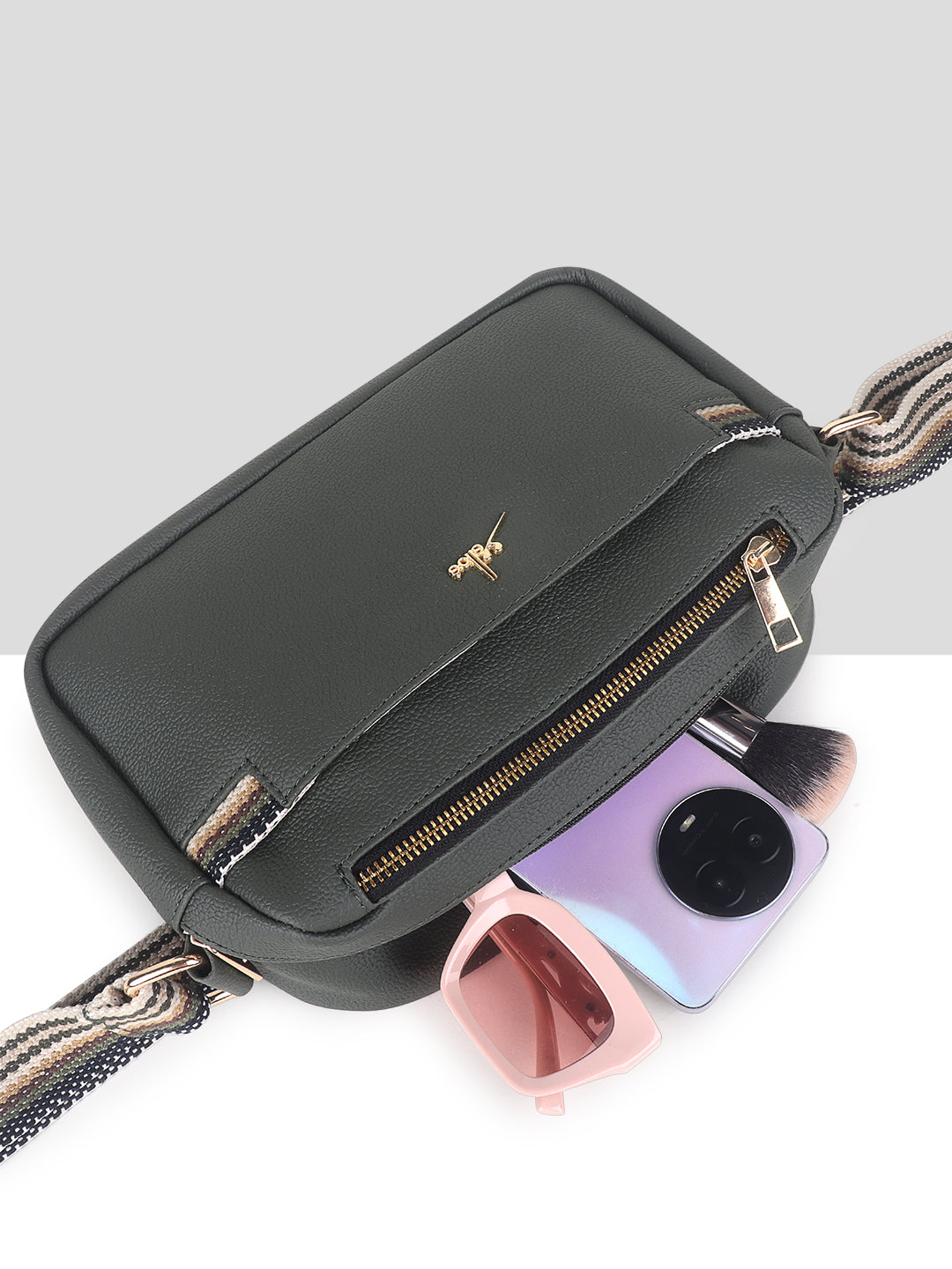 Green Multicompartment Sling Bag For Women