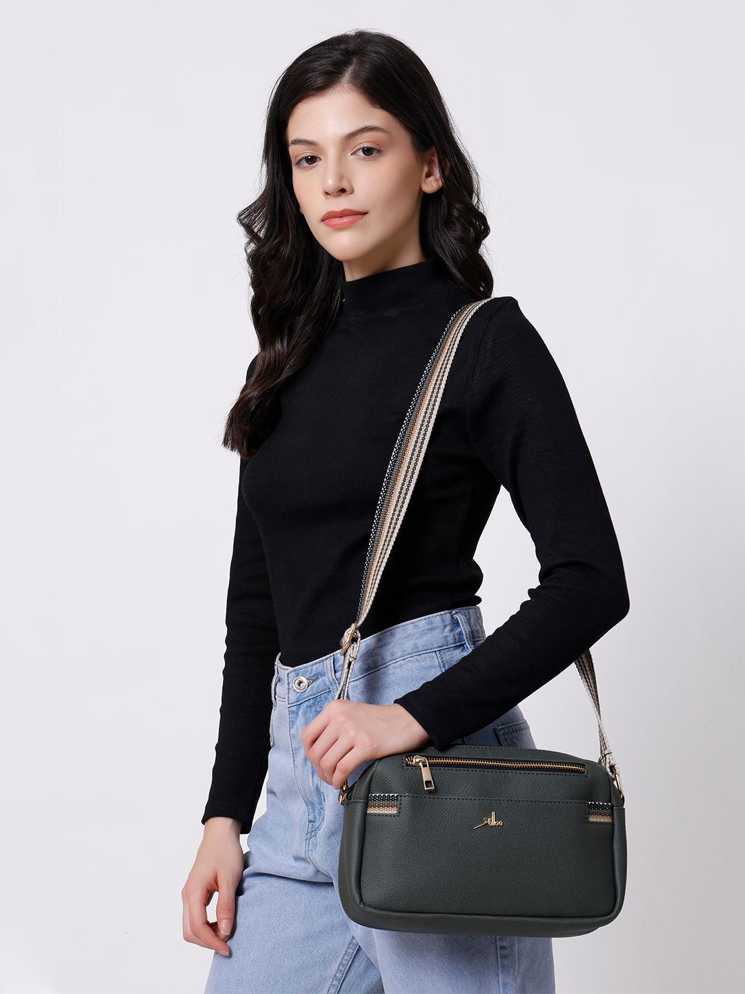 Green Multicompartment Sling Bag For Women