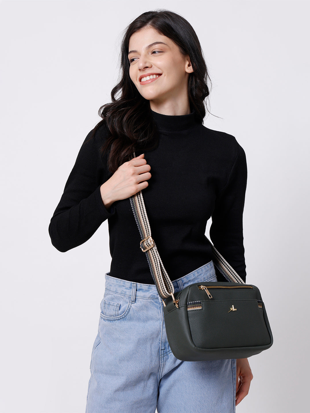 Green Multicompartment Sling Bag For Women