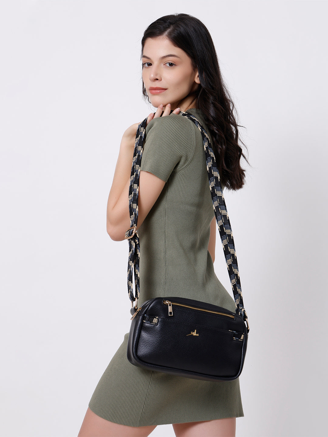 Black Multicompartment Sling Bag For Women