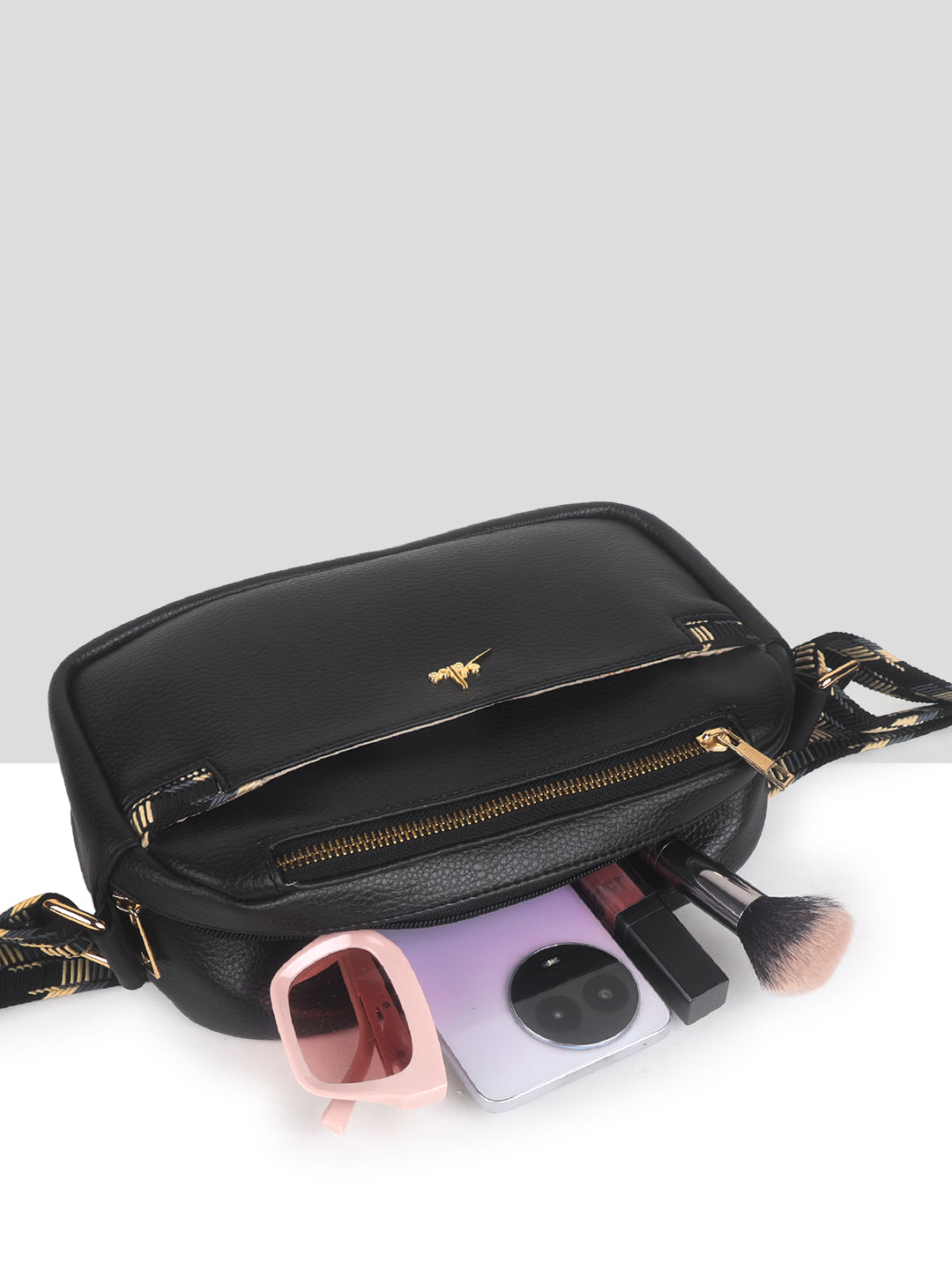 Black Multicompartment Sling Bag For Women