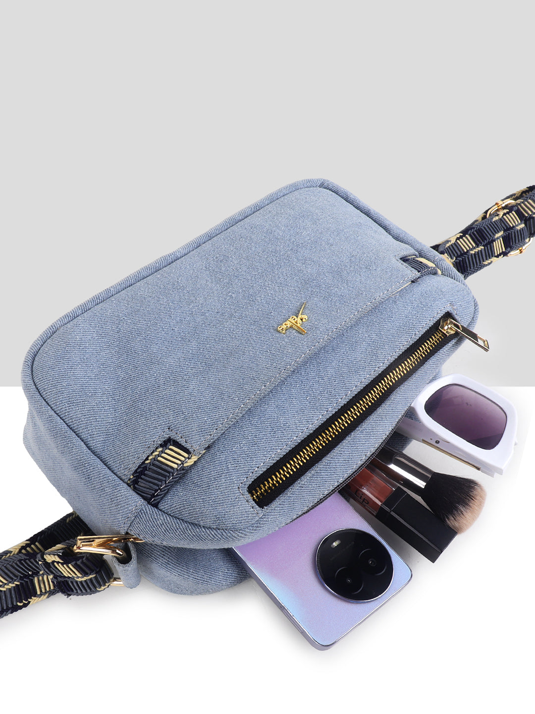 Denim Blue Multicompartment Sling Bag For Women