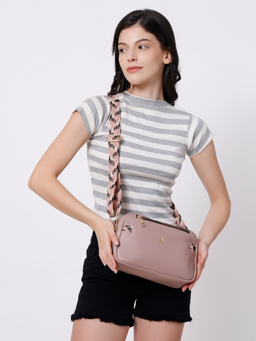Dusty Pink Multicompartment Sling Bag For Women