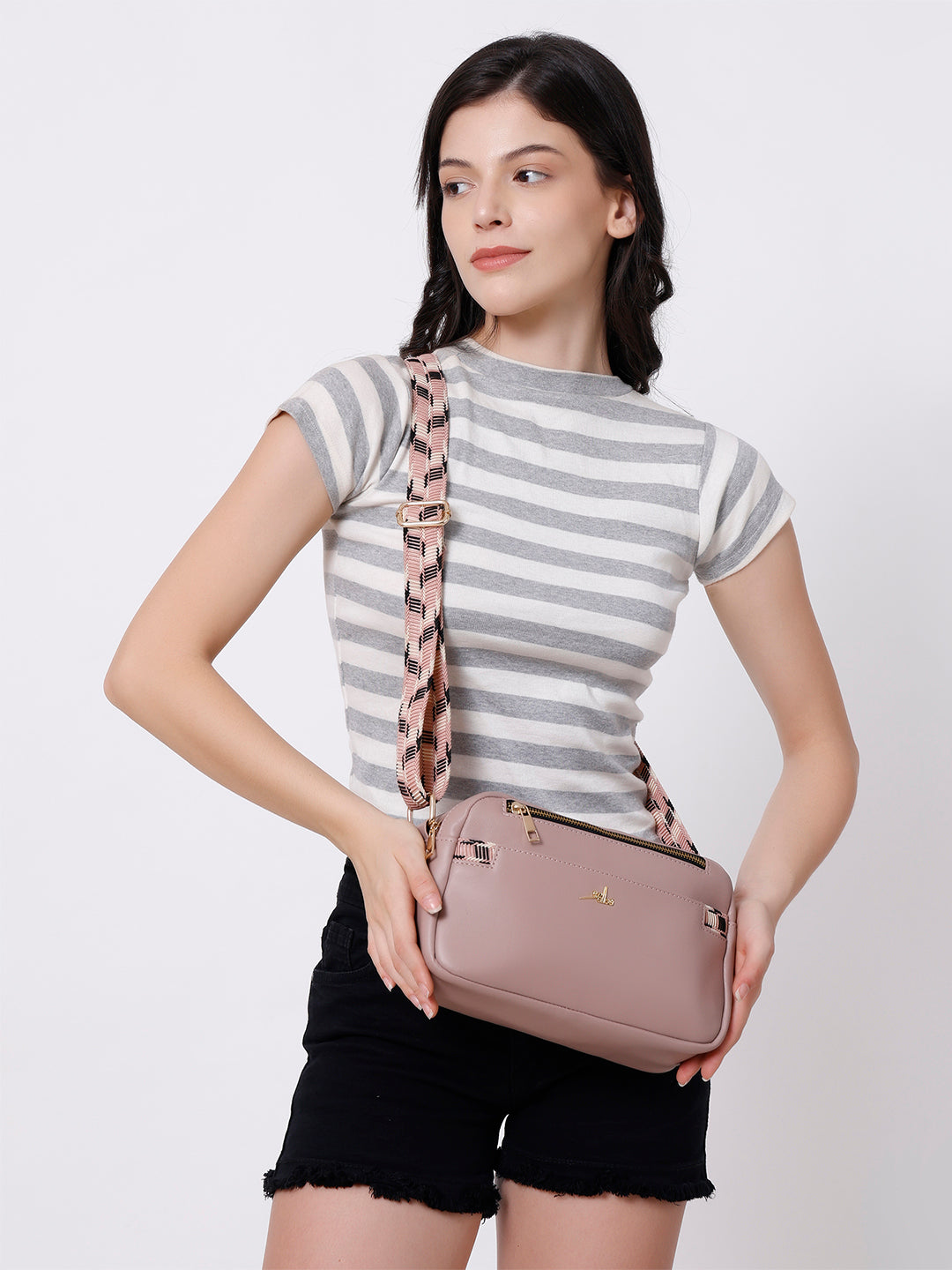 Dusty Pink Multicompartment Sling Bag For Women