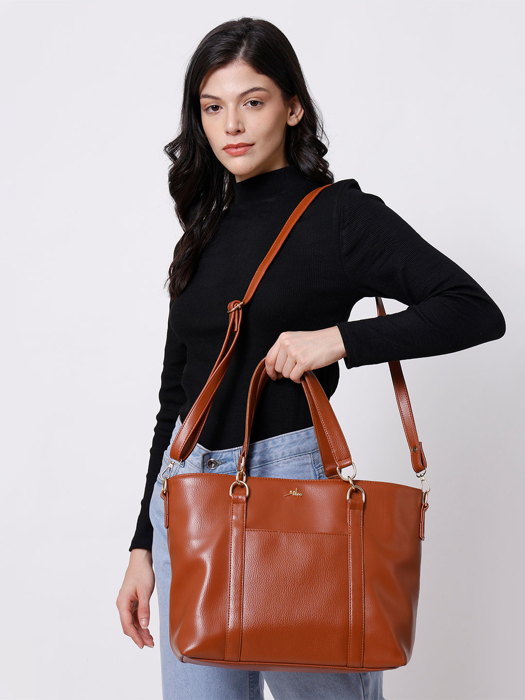 Tan Synthetic Leather Shoulder Bag for Women