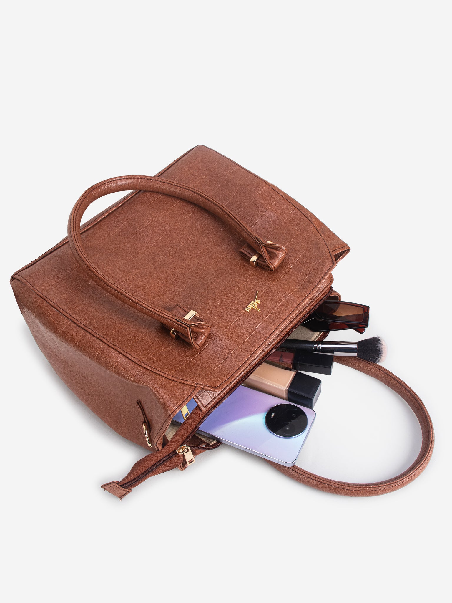 Tan PU Leather Solid Handbag for Women
