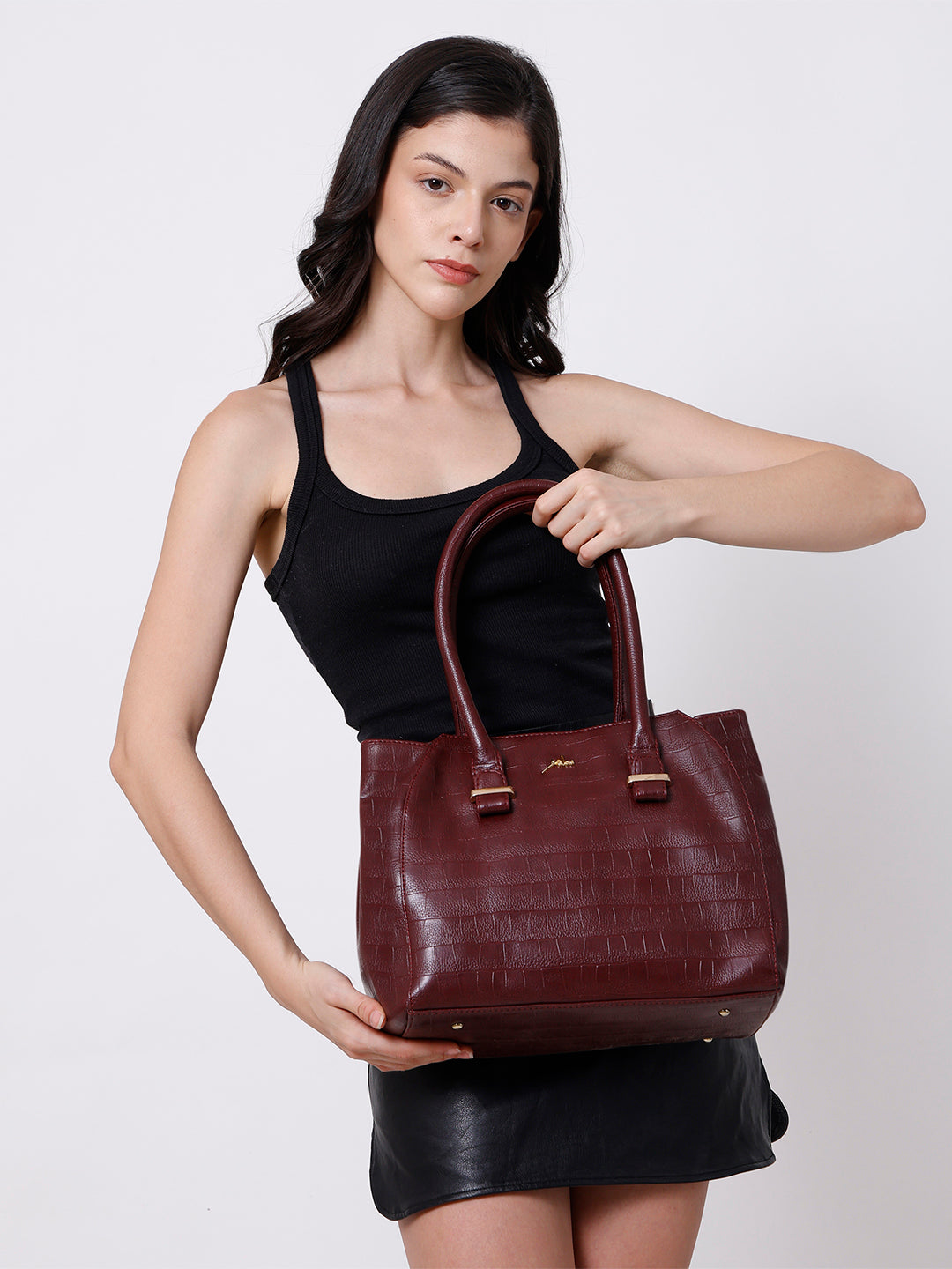Maroon PU Leather Solid Handbag for Women