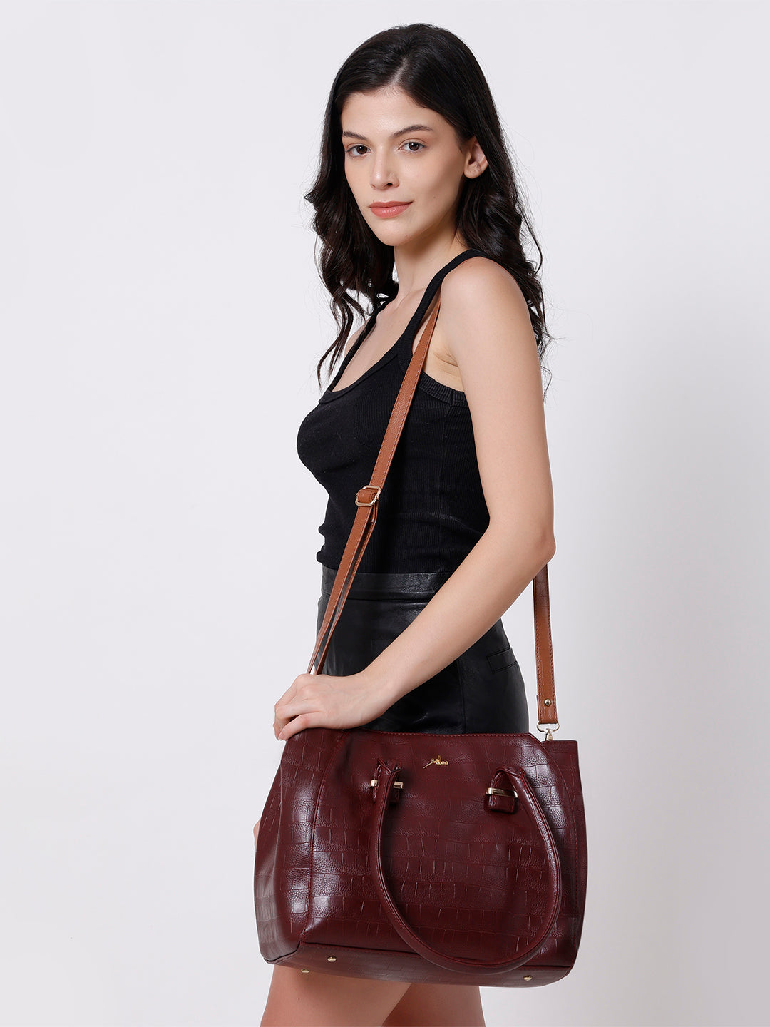 Maroon PU Leather Solid Handbag for Women