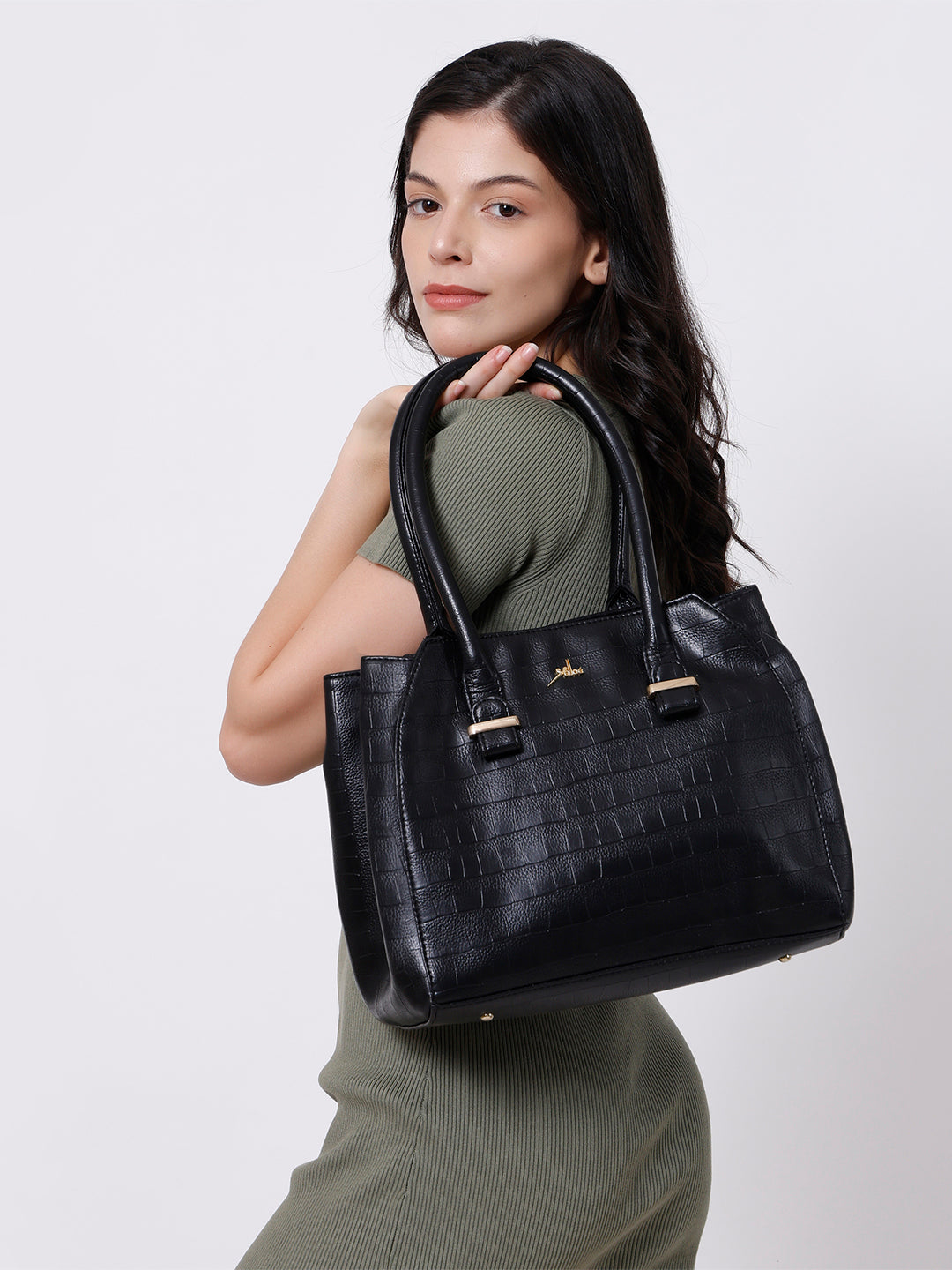 Black PU Leather Solid Handbag for Women