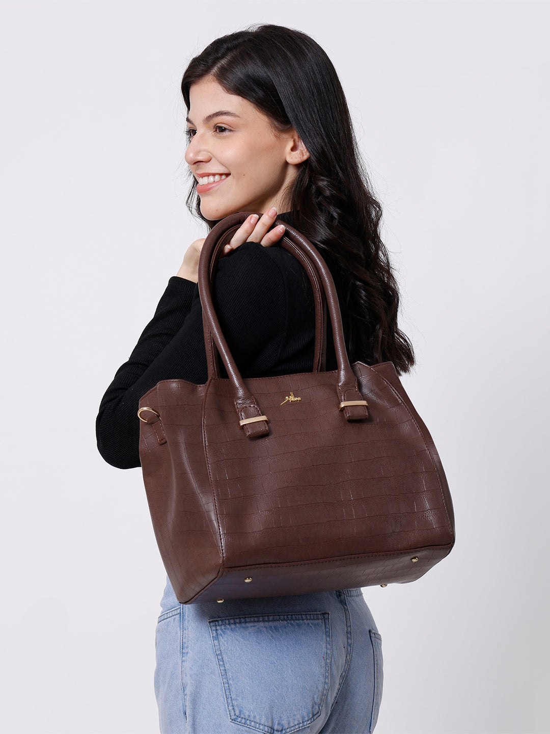 Brown PU Leather Solid Handbag for Women