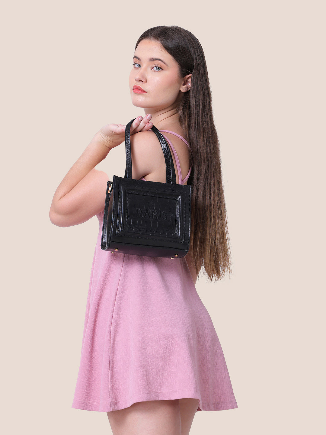 Black Synthetic Leather Handbag with Detachable Sling Belt