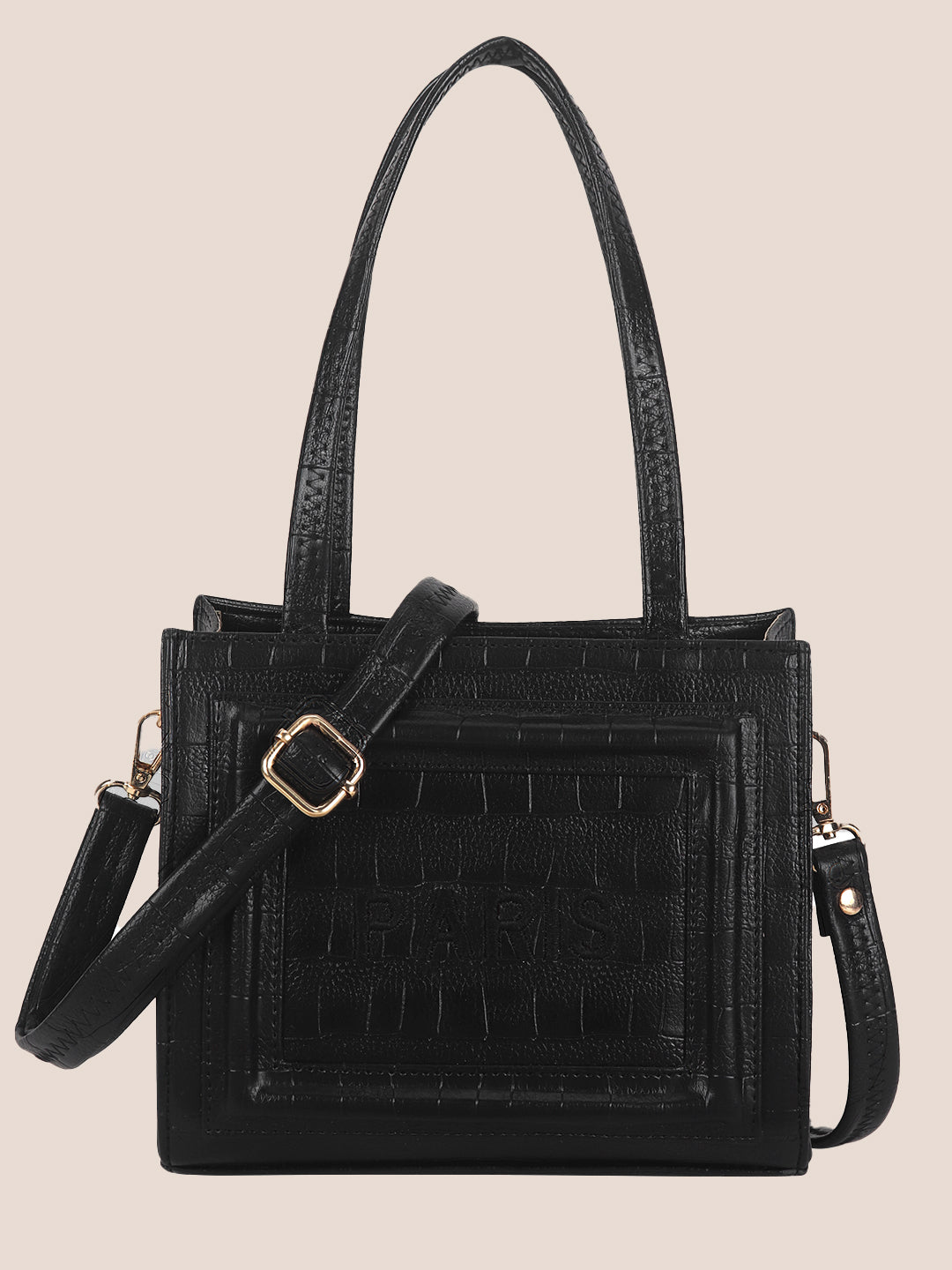 Black Synthetic Leather Handbag with Detachable Sling Belt