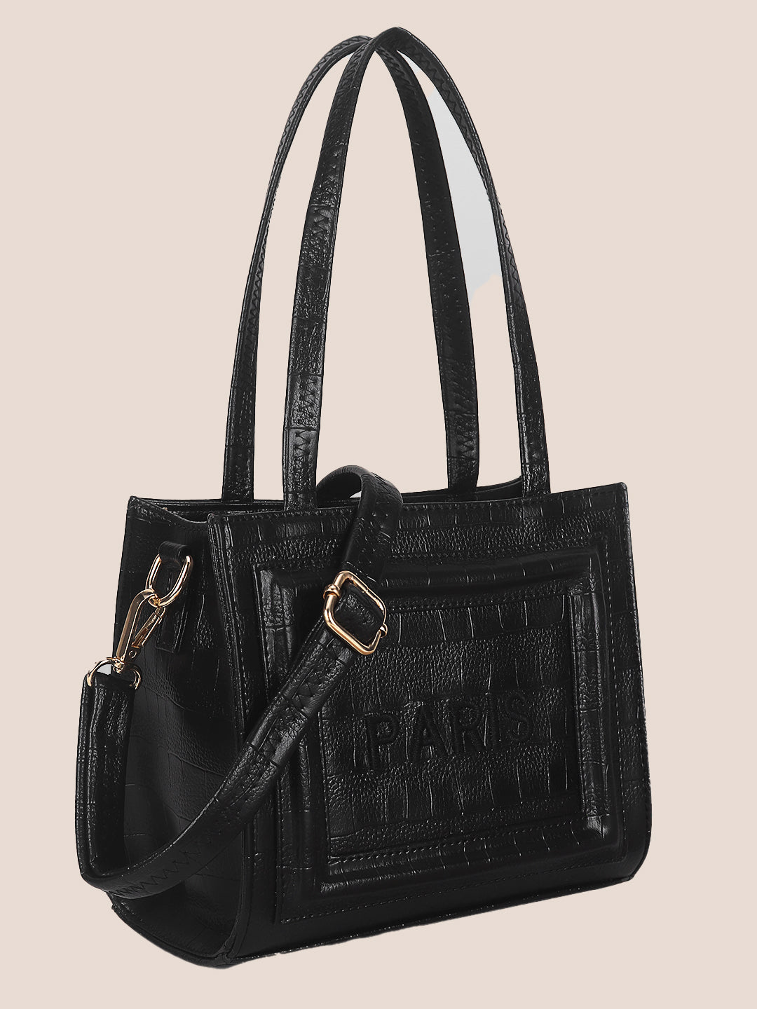 Black Synthetic Leather Handbag with Detachable Sling Belt
