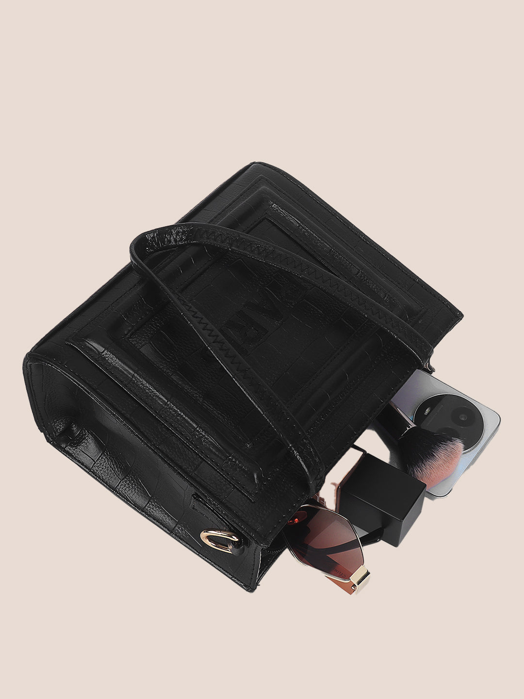 Black Synthetic Leather Handbag with Detachable Sling Belt