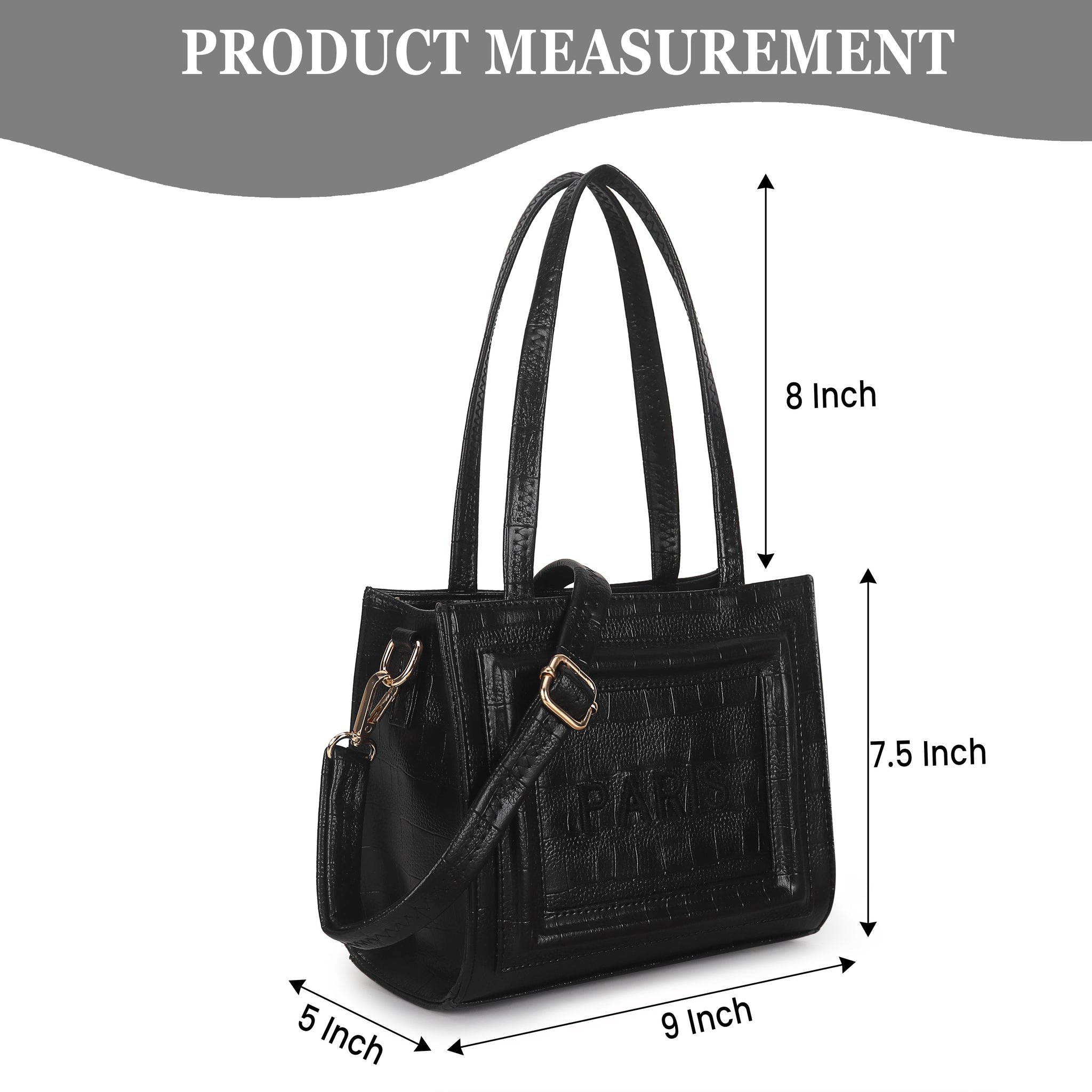 Black Synthetic Leather Handbag with Detachable Sling Belt