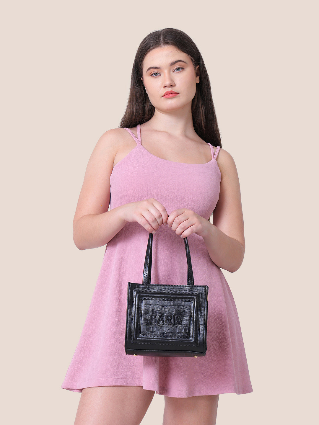 Black Synthetic Leather Handbag with Detachable Sling Belt