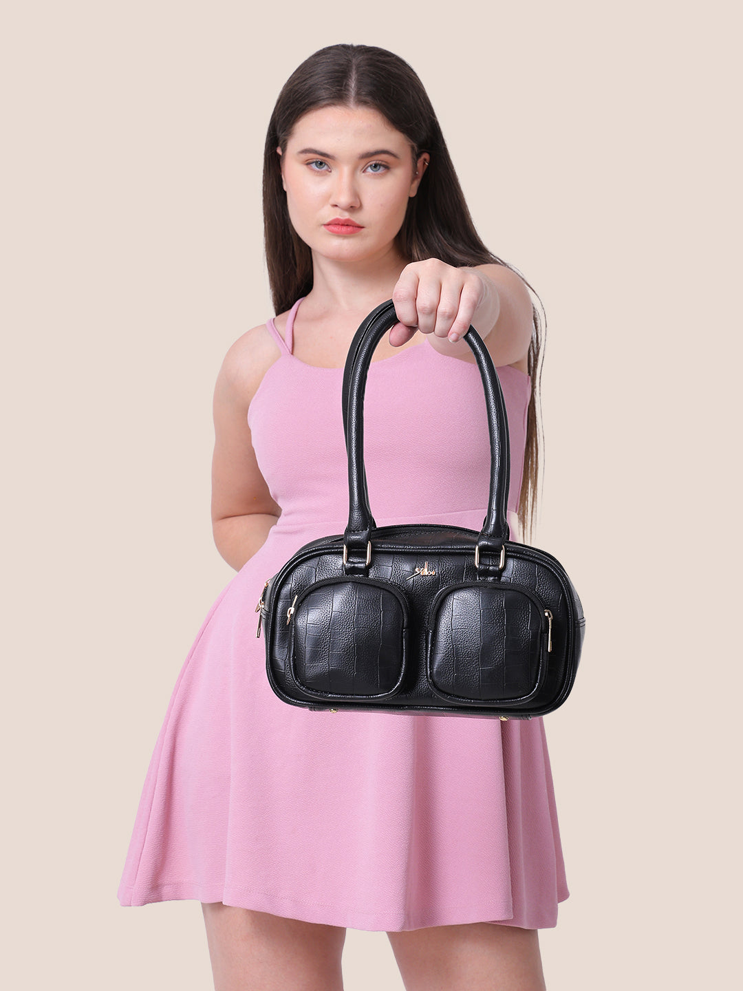 Black Synthetic Leather Handbag for Women