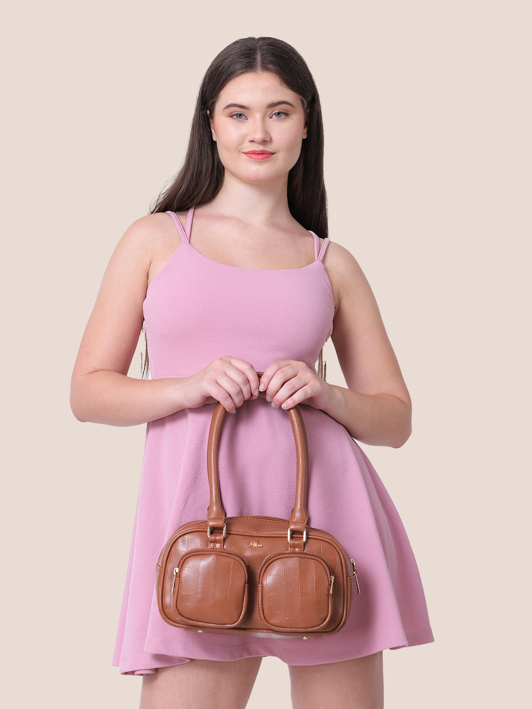 Tan Synthetic Leather Handbag for Women