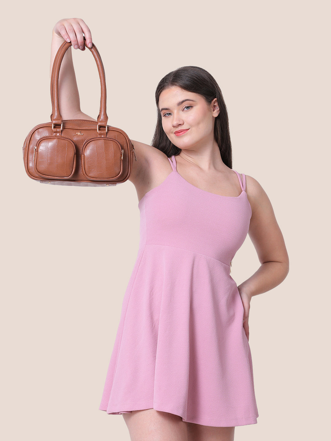 Tan Synthetic Leather Handbag for Women