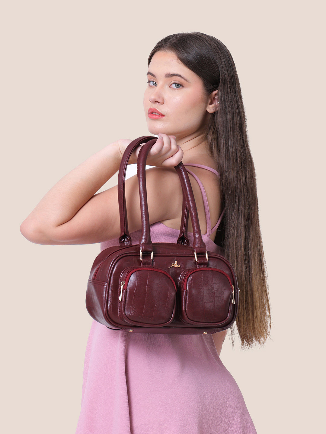 Maroon Synthetic Leather Handbag for Women